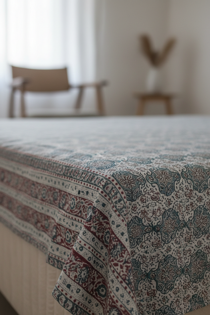 Kalamkari Block Printed Cotton Bedsheet with Floral and Traditional Motifs