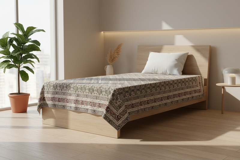 Kalamkari Block Printed Cotton Bedsheet with Floral and Traditional Motifs