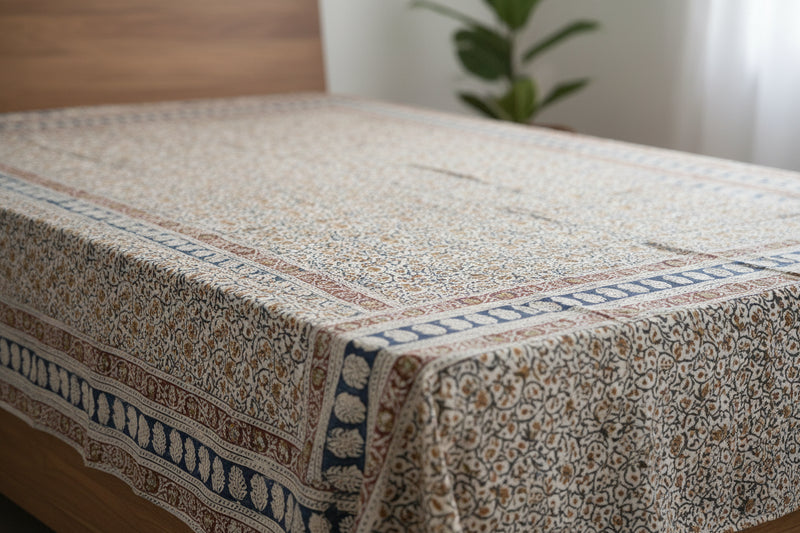 Kalamkari White and Yellow Color - Single Bed Bedsheet (60x90 Inches)