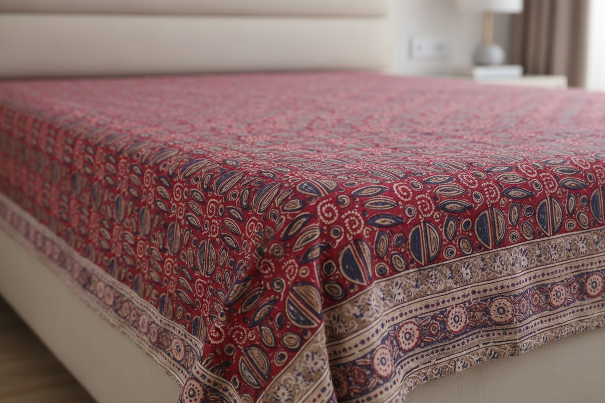 Kalamkari White and Yellow Color - Single Bed Bedsheet (60x90 Inches)
