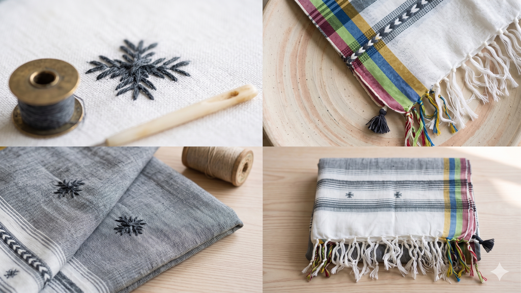 Handwoven Viscose Grey Color Kutch Bhujodi Stole with Tassels (W60cm X L210cm)