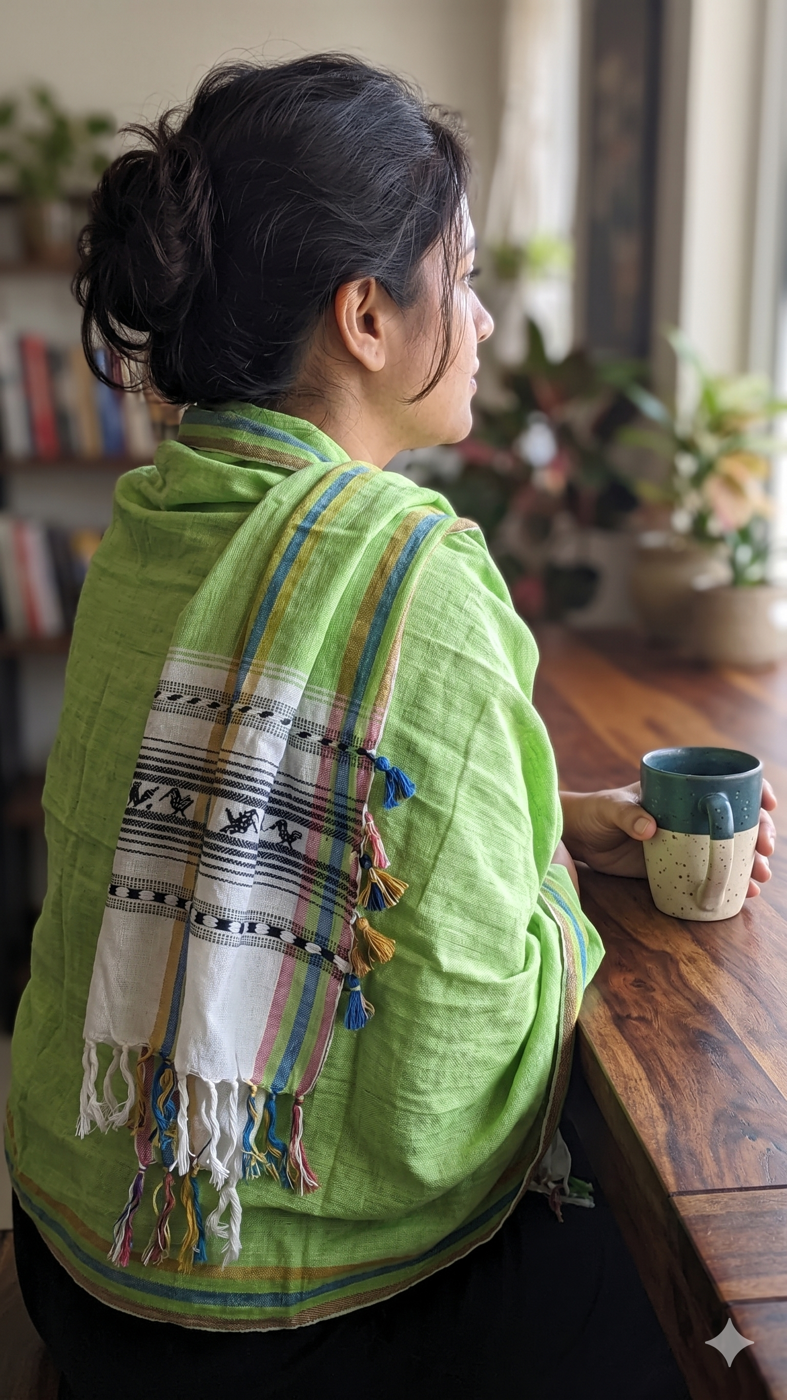 Handwoven Viscose Green Color Kutch Bhujodi Stole with Tassels (W60cm X L210cm)