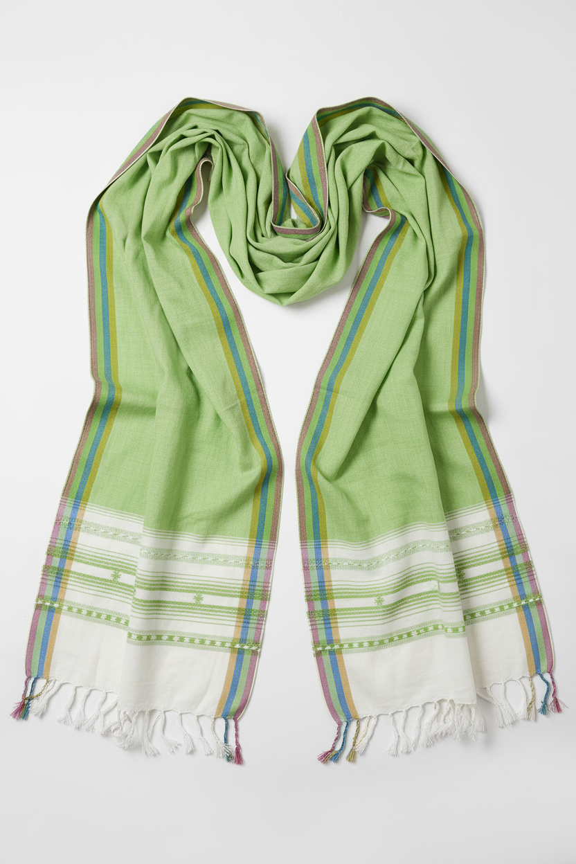Handwoven Viscose Green Color Kutch Bhujodi Stole with Tassels (W60cm X L210cm)