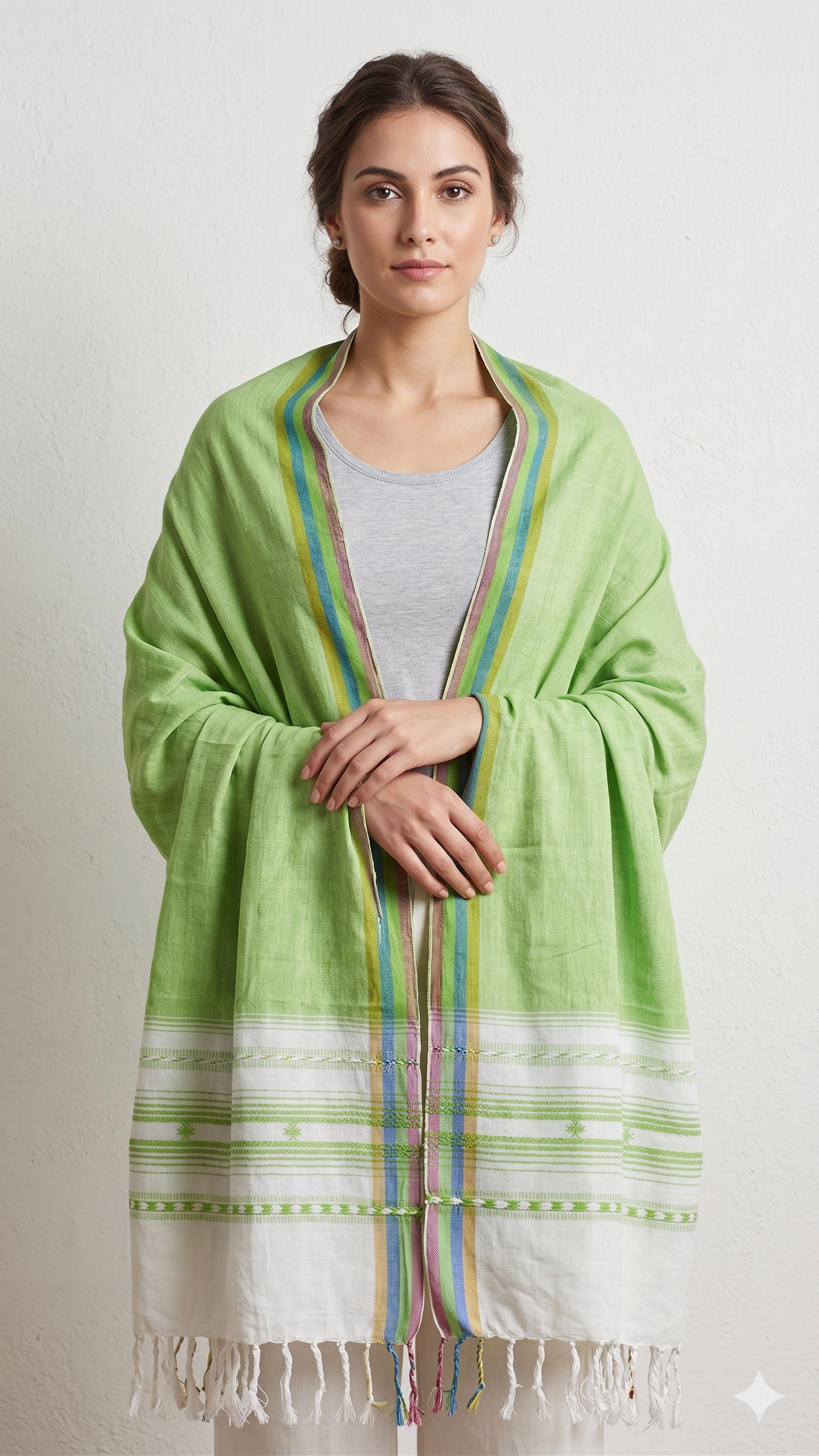 Handwoven Viscose Green Color Kutch Bhujodi Stole with Tassels (W60cm X L210cm)