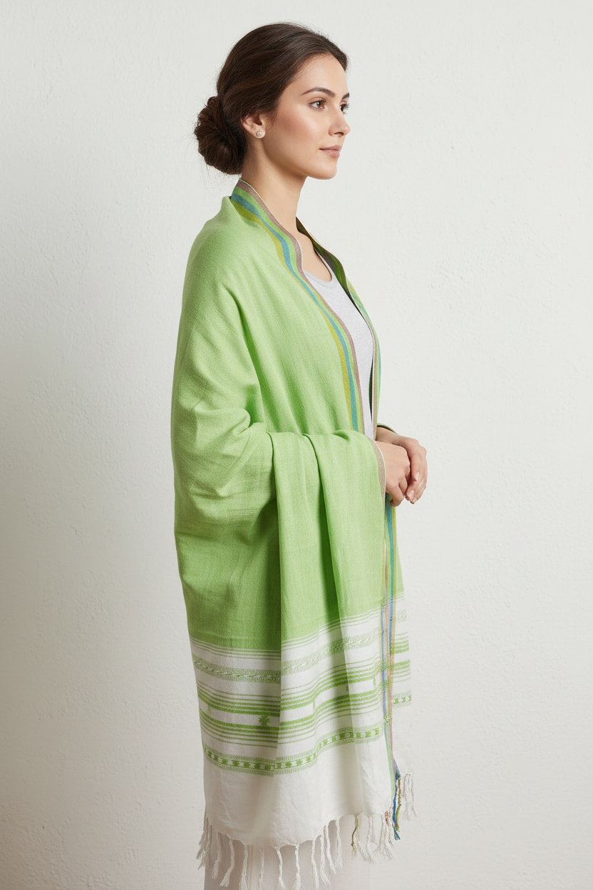 Handwoven Viscose Green Color Kutch Bhujodi Stole with Tassels (W60cm X L210cm)