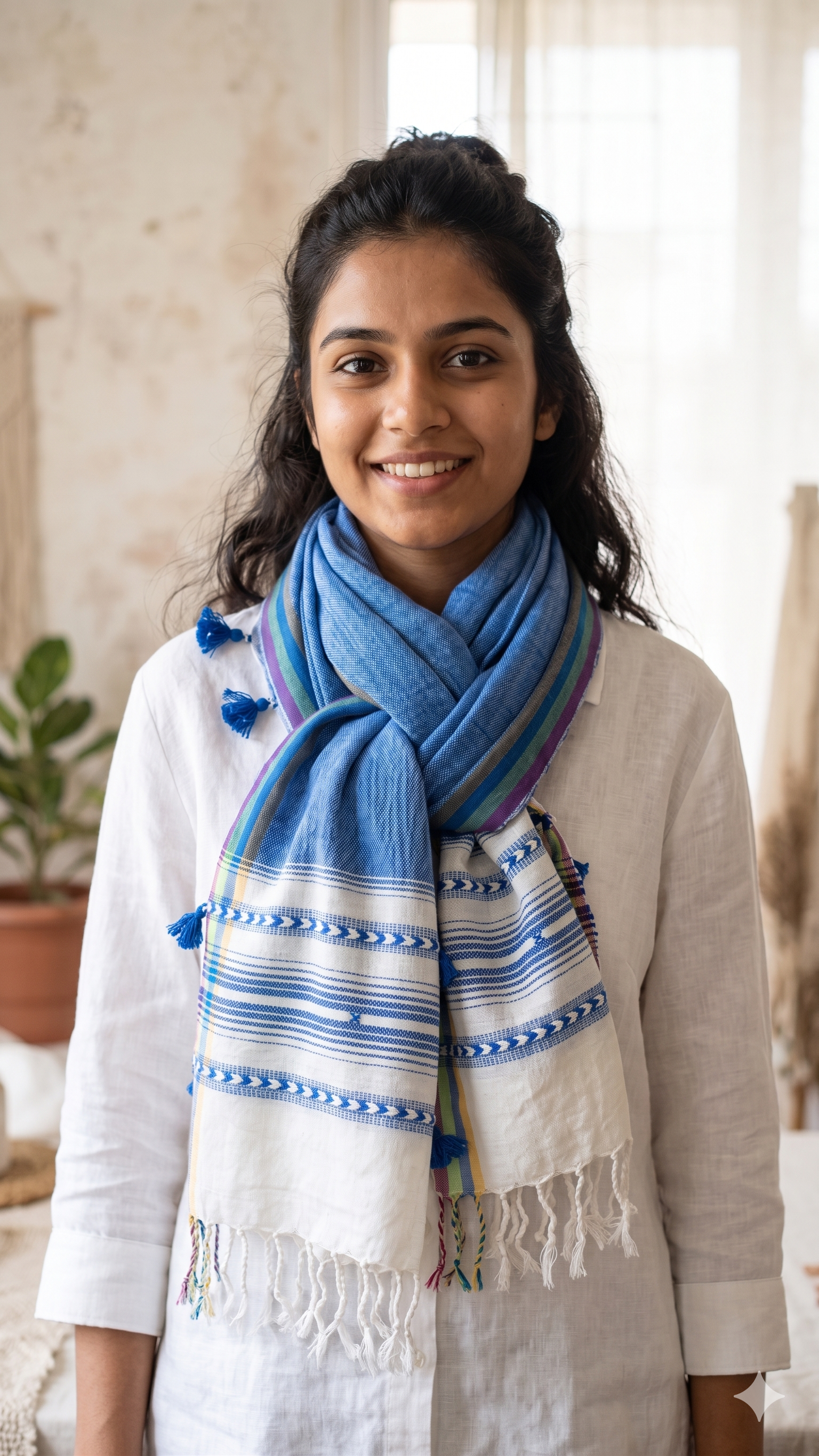 Handwoven Viscose Blue Color Kutch Bhujodi Stole with Tassels (W60cm X L210cm)