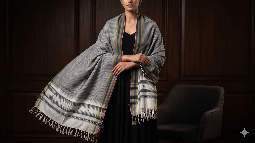 Handwoven Viscose Grey Color Kutch Bhujodi Stole with Tassels (W60cm X L210cm)