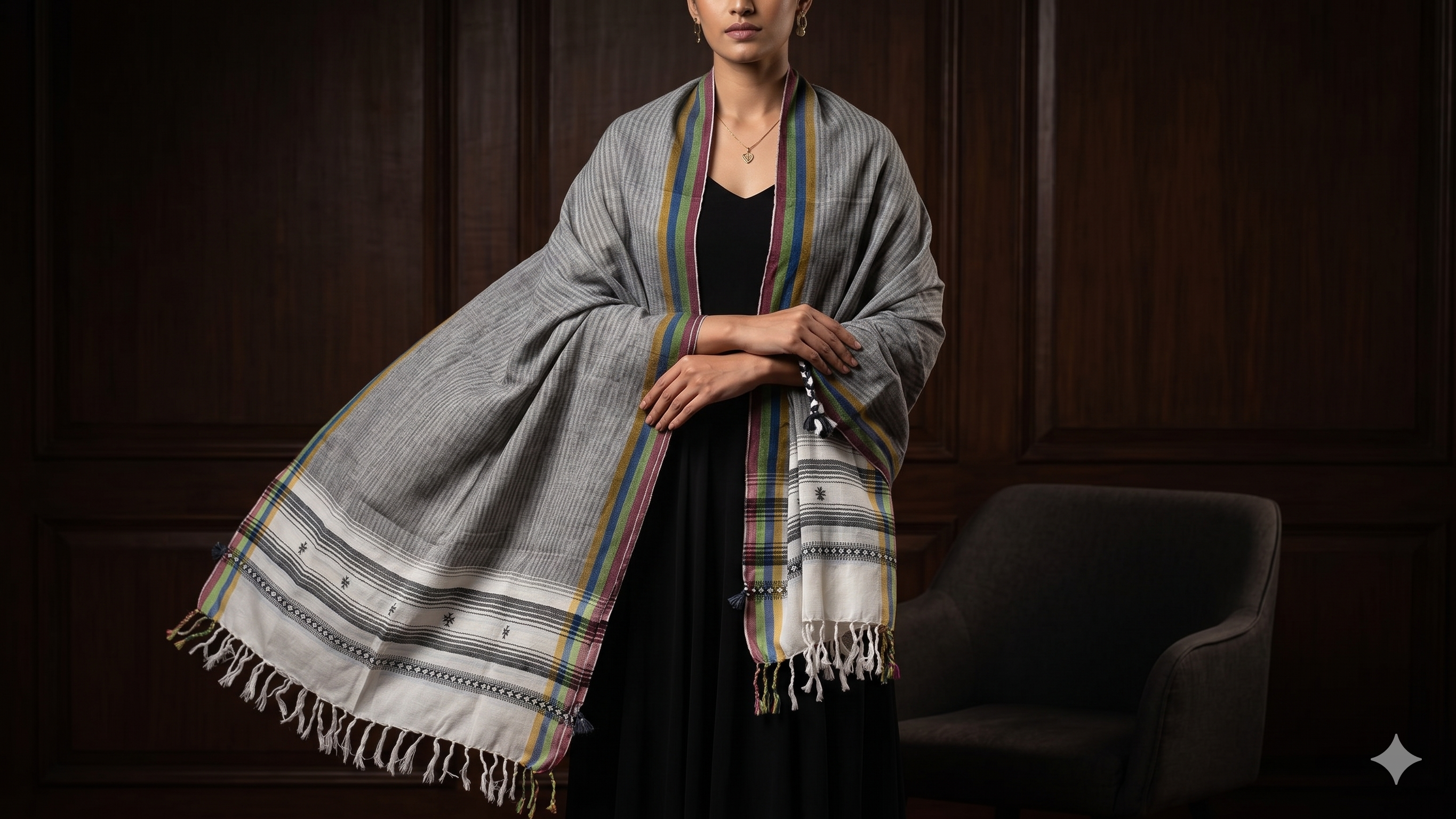 Handwoven Viscose Grey Color Kutch Bhujodi Stole with Tassels (W60cm X L210cm)