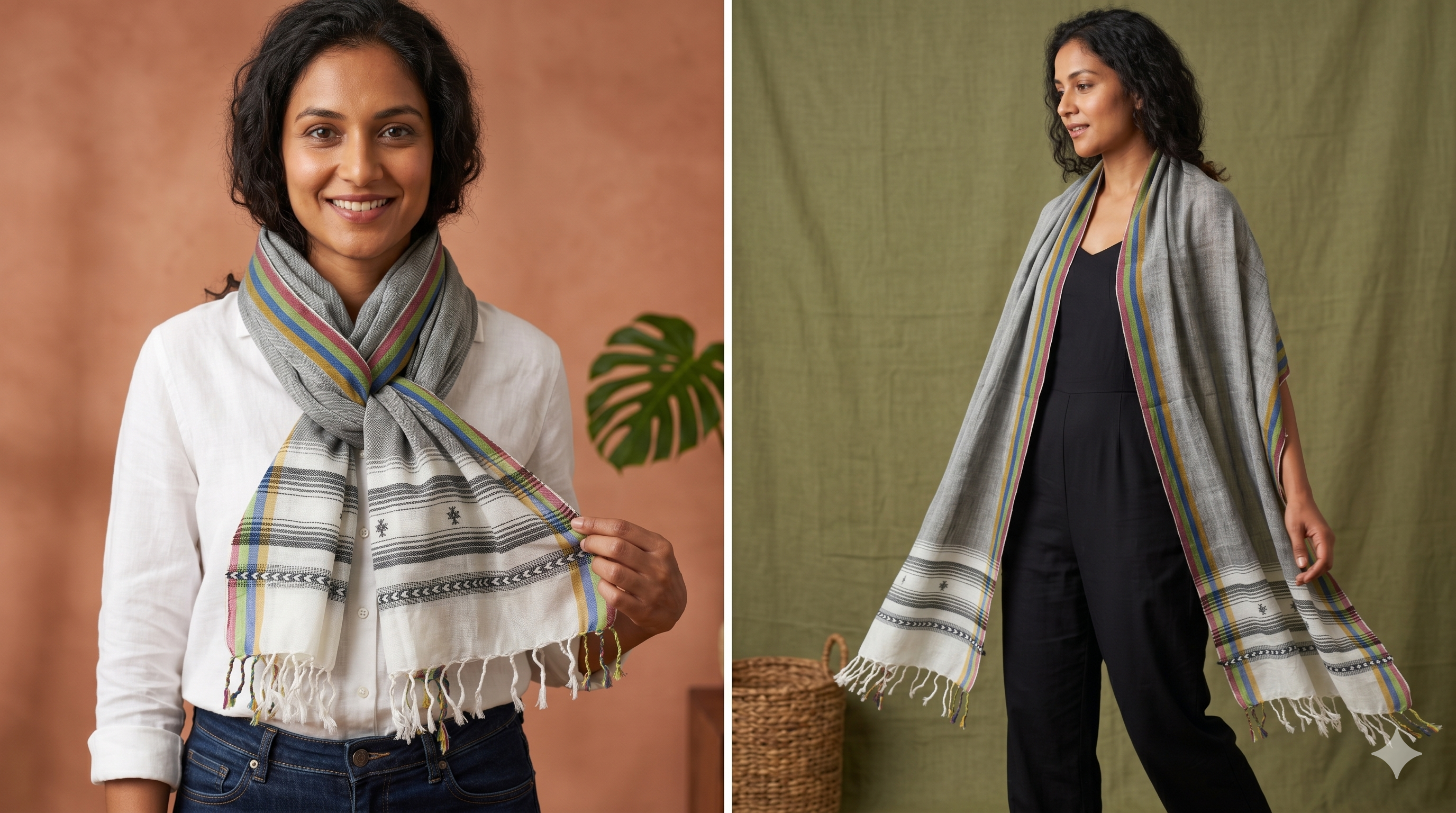 Handwoven Viscose Grey Color Kutch Bhujodi Stole with Tassels (W60cm X L210cm)