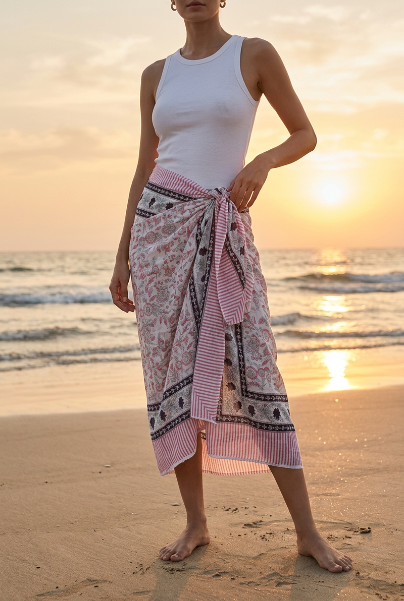 Bagru Block Print Pink And White Color Cotton Sarong, Beach Wrap, Pareo