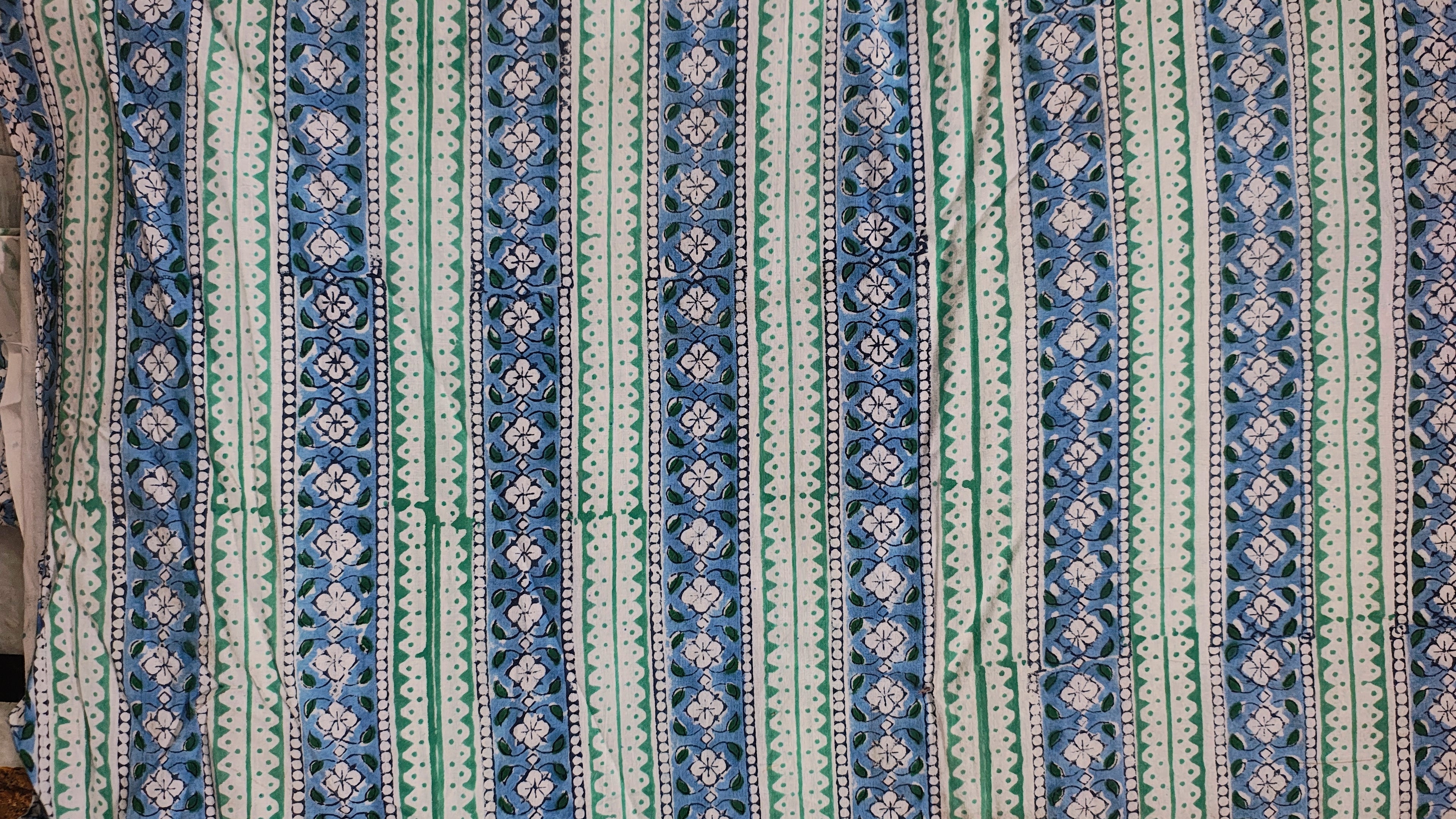 Handmade Bagru Print Textile –  Green Blue Floral Print Cotton Material