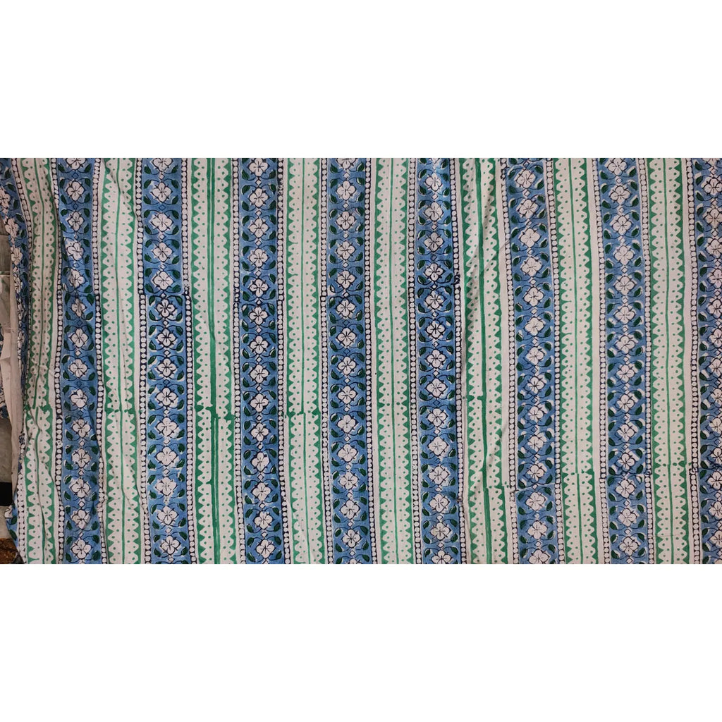 Handmade Bagru Print Textile –  Green Blue Floral Print Cotton Material