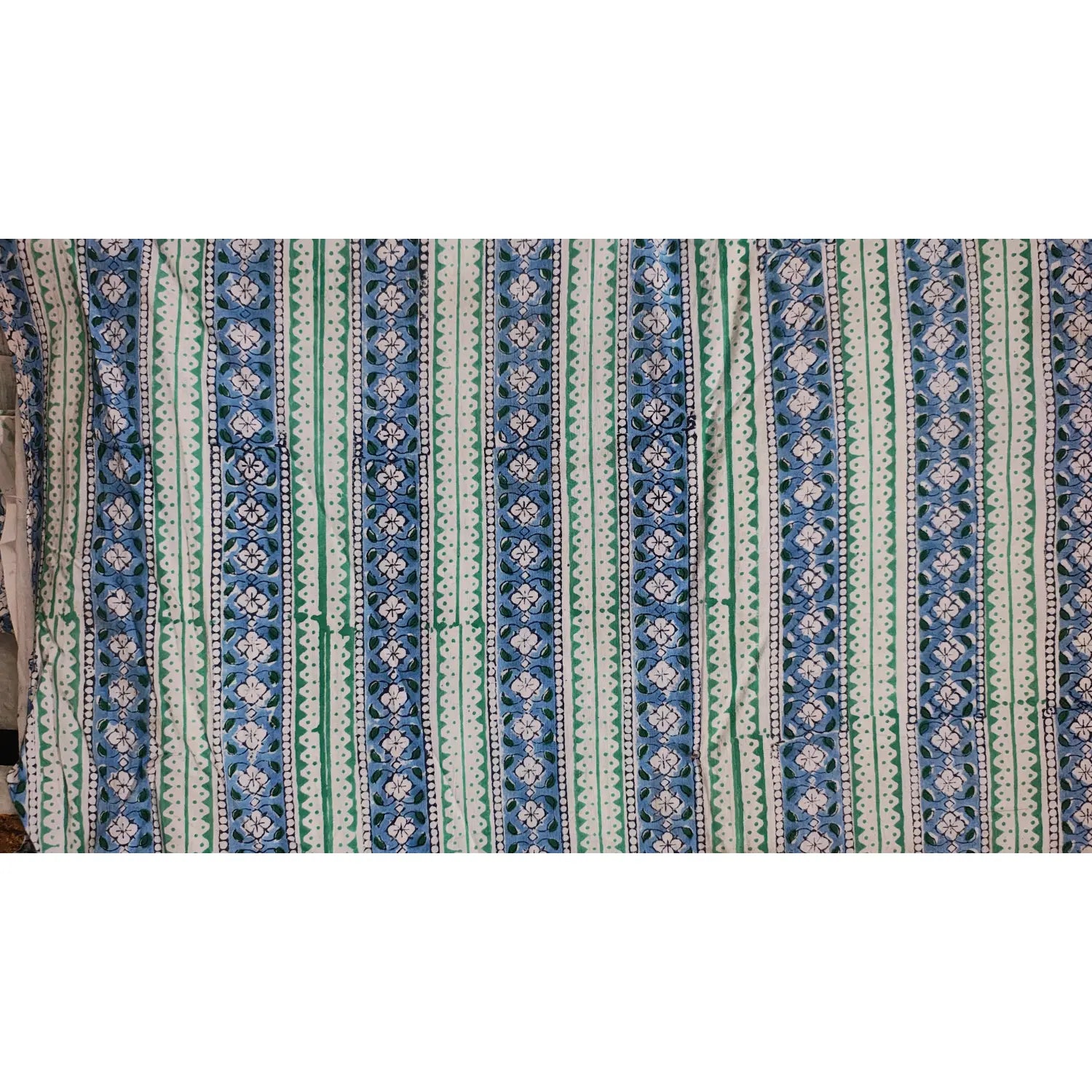 Handmade Bagru Print Textile –  Green Blue Floral Print Cotton Material