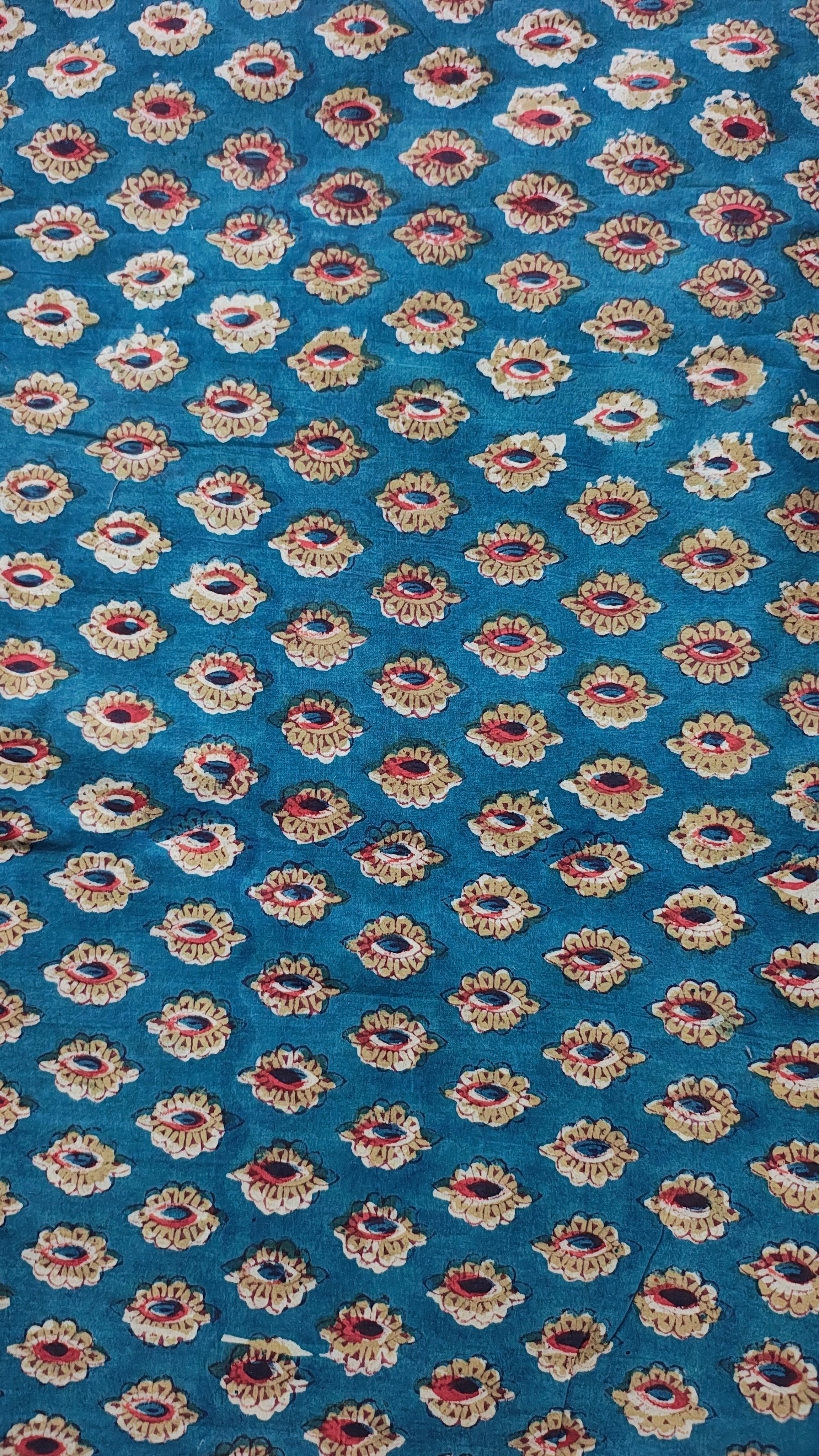 Handmade Bagru Print Textile –  Teal Blue Floral Print Cotton Material