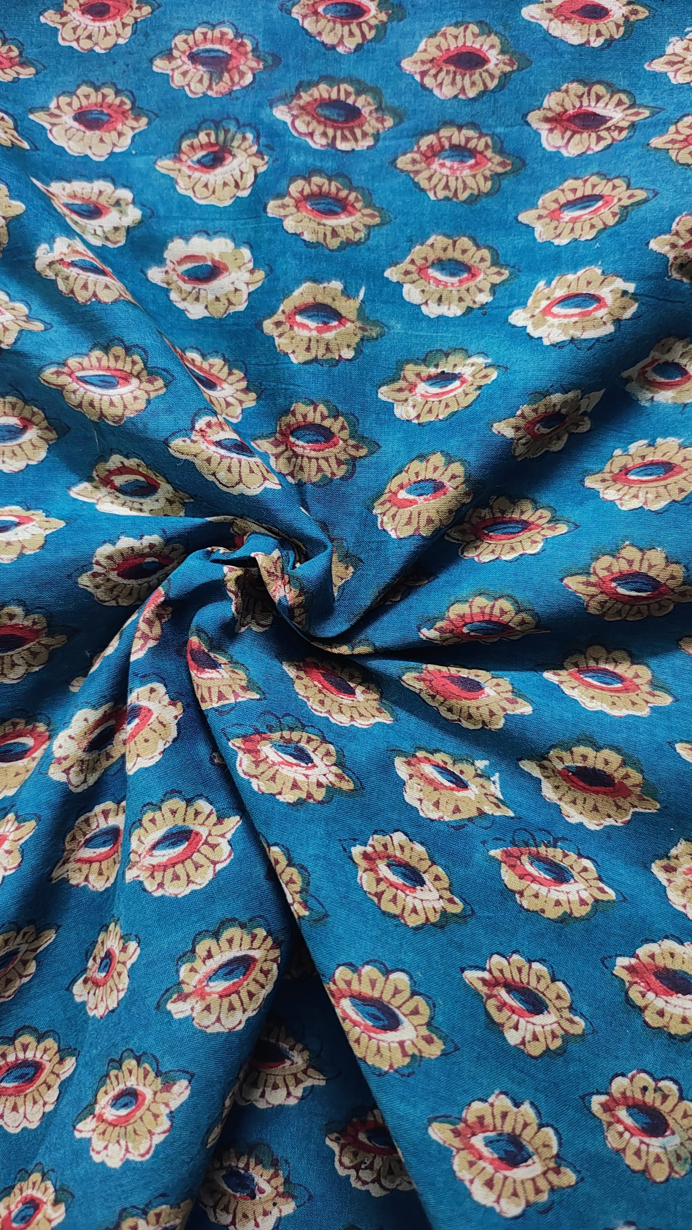 Handmade Bagru Print Textile –  Teal Blue Floral Print Cotton Material