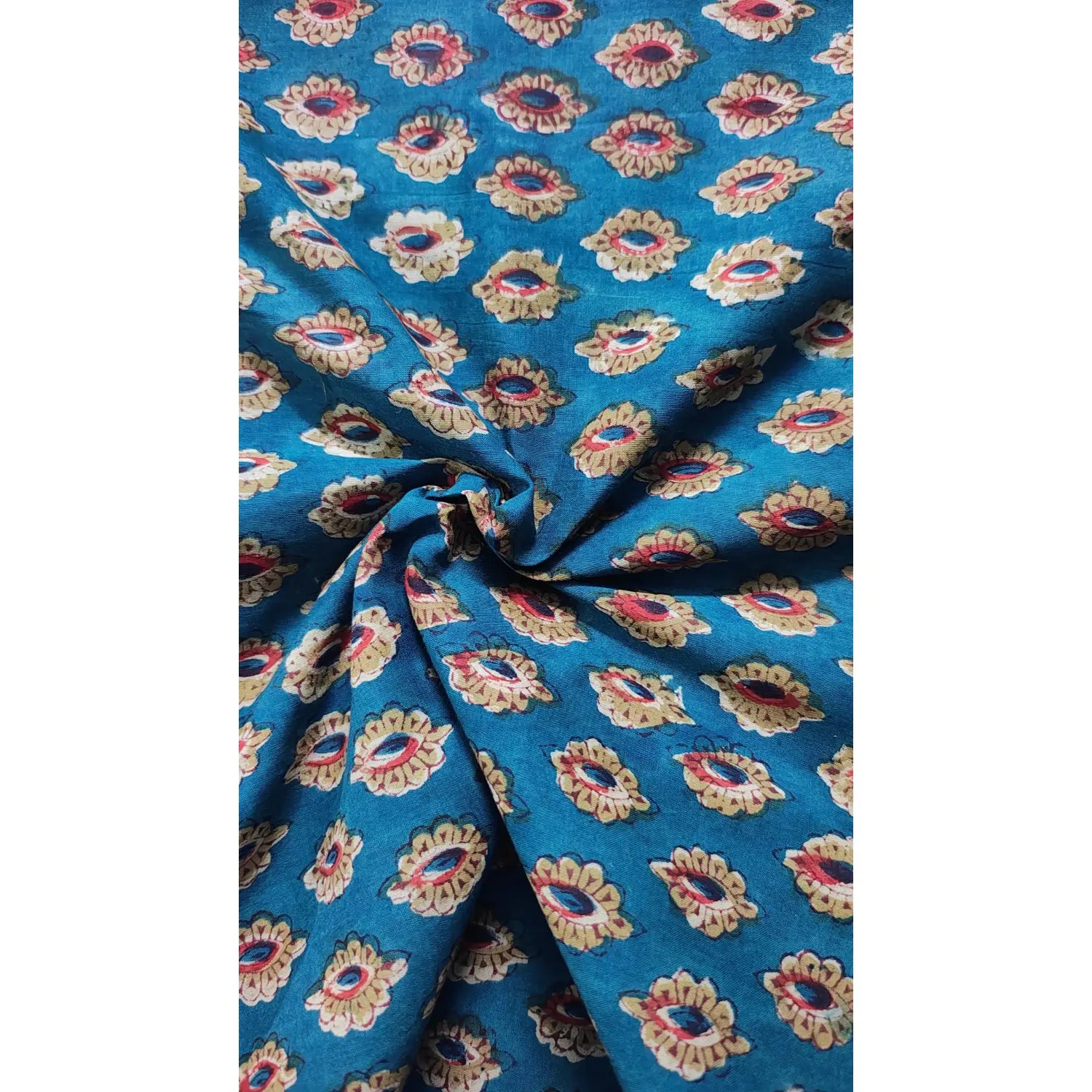 Handmade Bagru Print Textile –  Teal Blue Floral Print Cotton Material