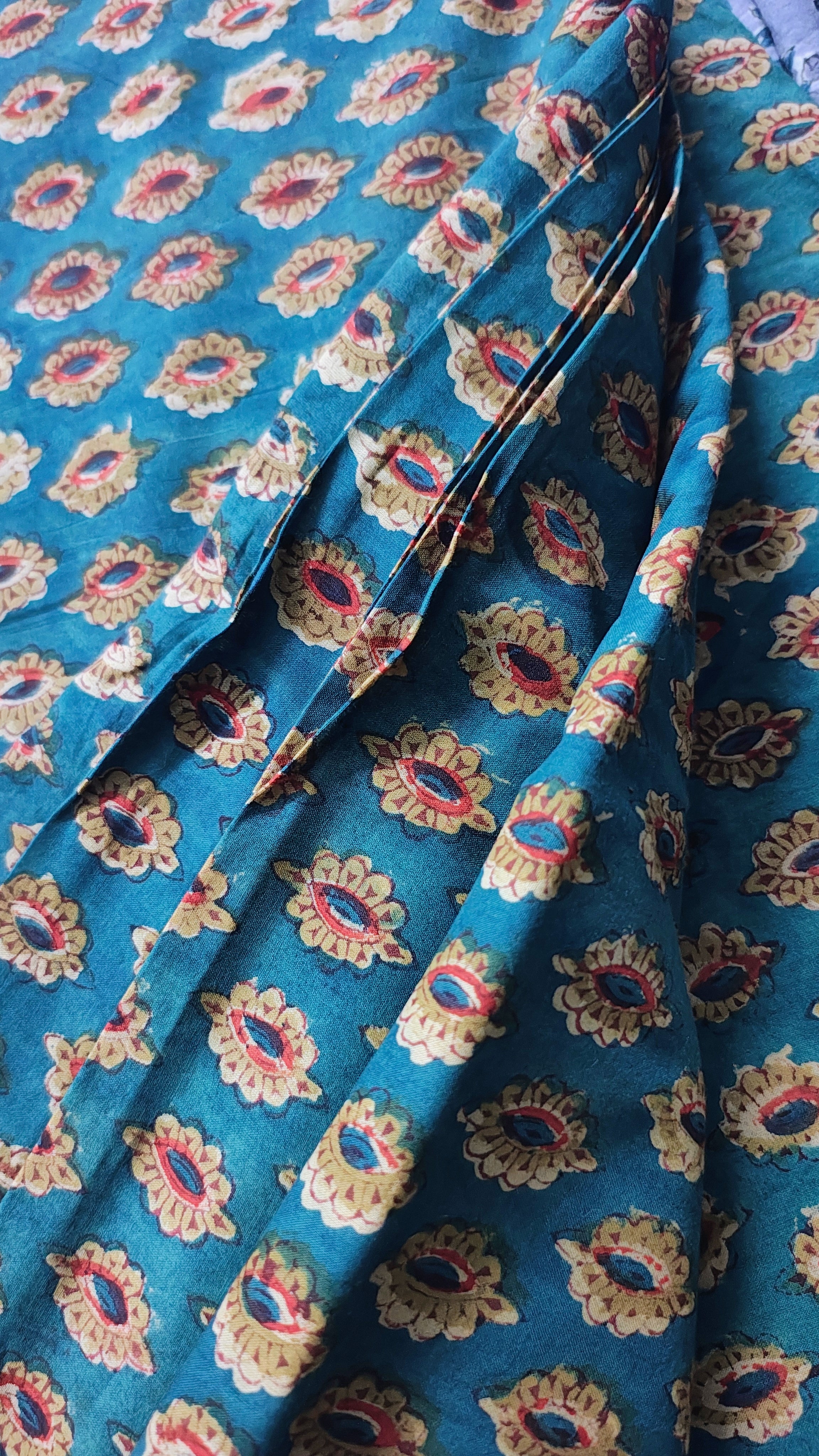 Handmade Bagru Print Textile –  Teal Blue Floral Print Cotton Material