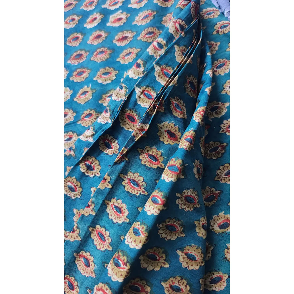 Handmade Bagru Print Textile –  Teal Blue Floral Print Cotton Material