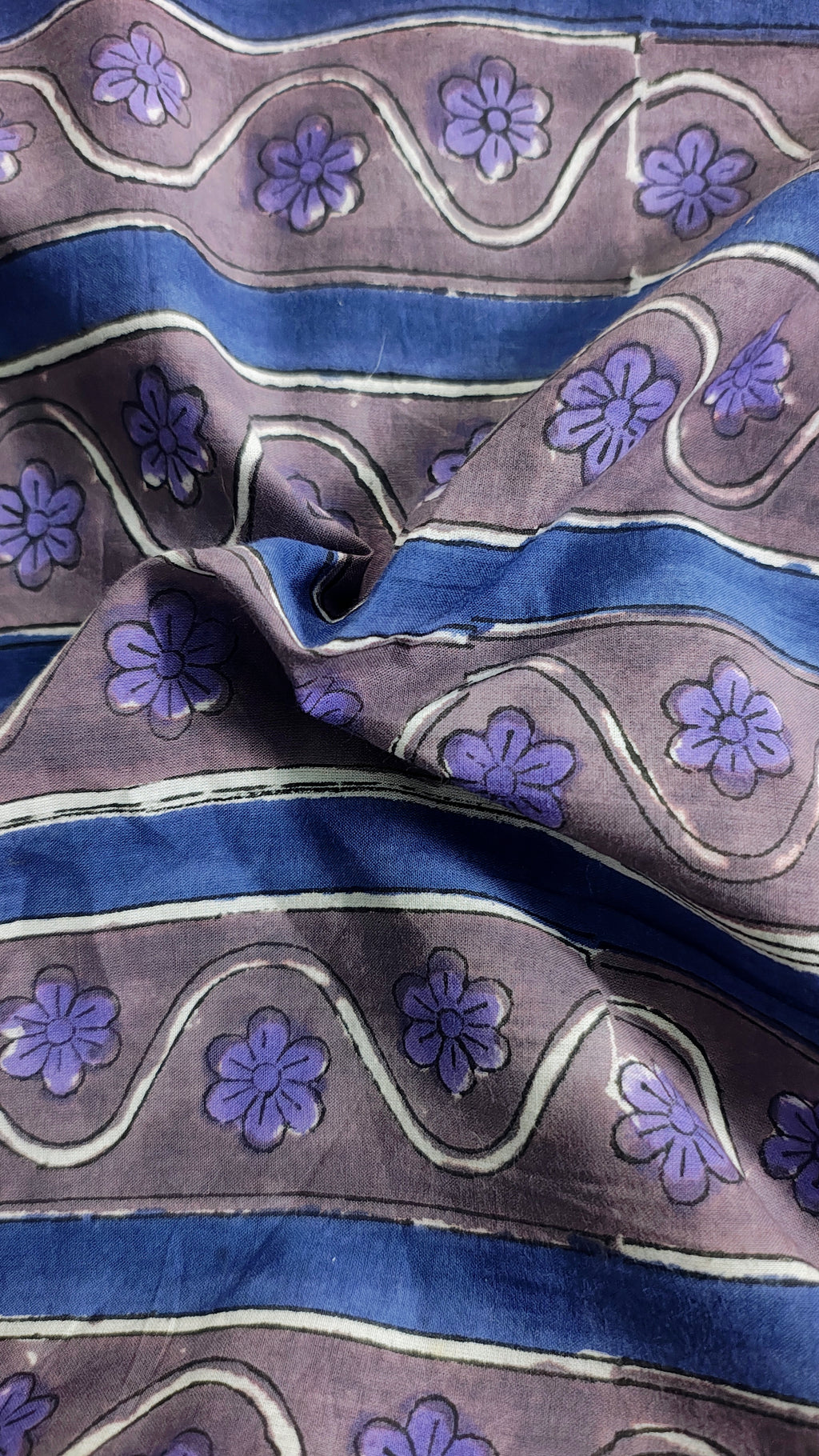 Handmade Bagru Print Textile –  Purple And Grey Floral Print Cotton Material