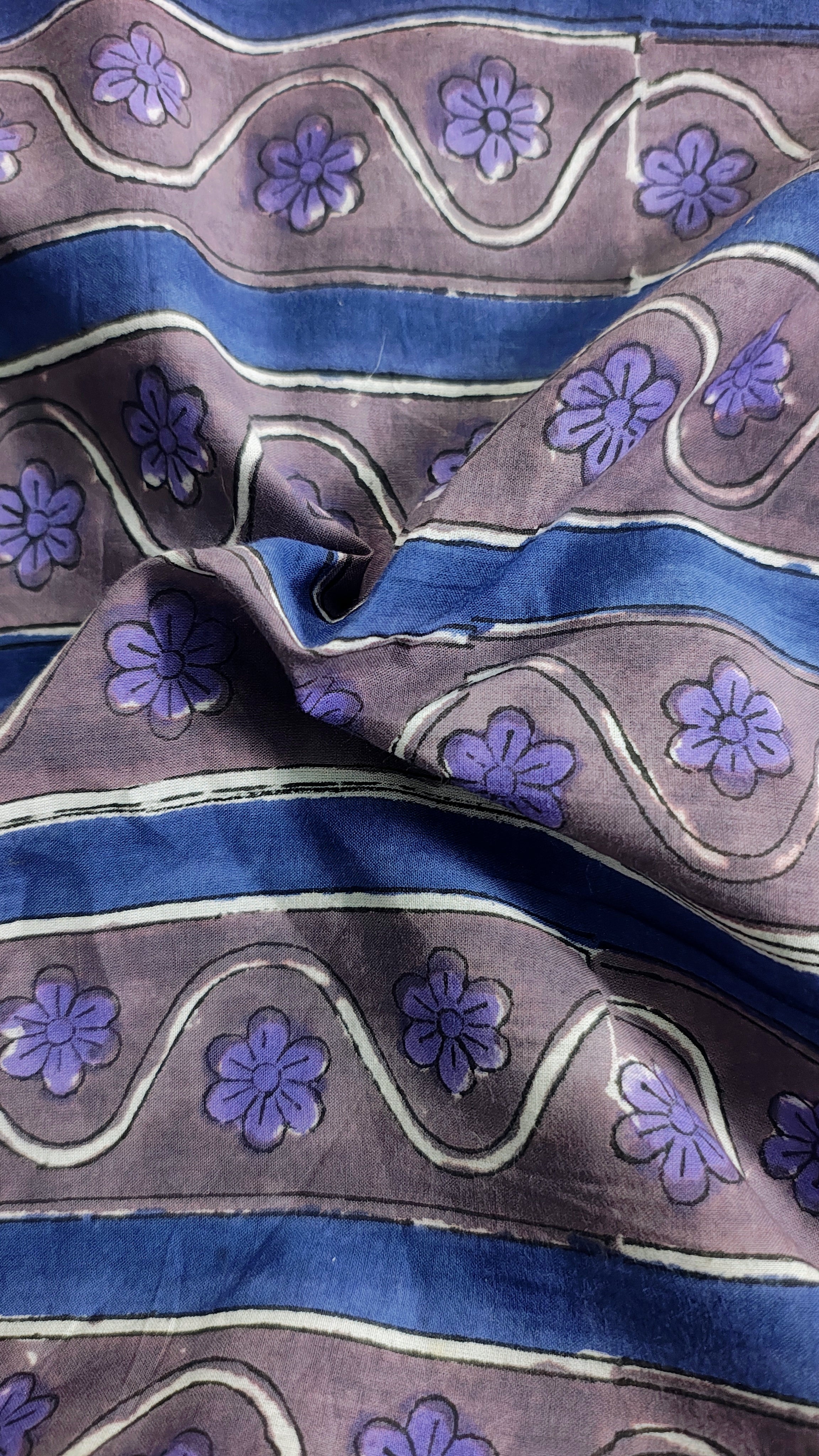 Handmade Bagru Print Textile –  Purple And Grey Floral Print Cotton Material