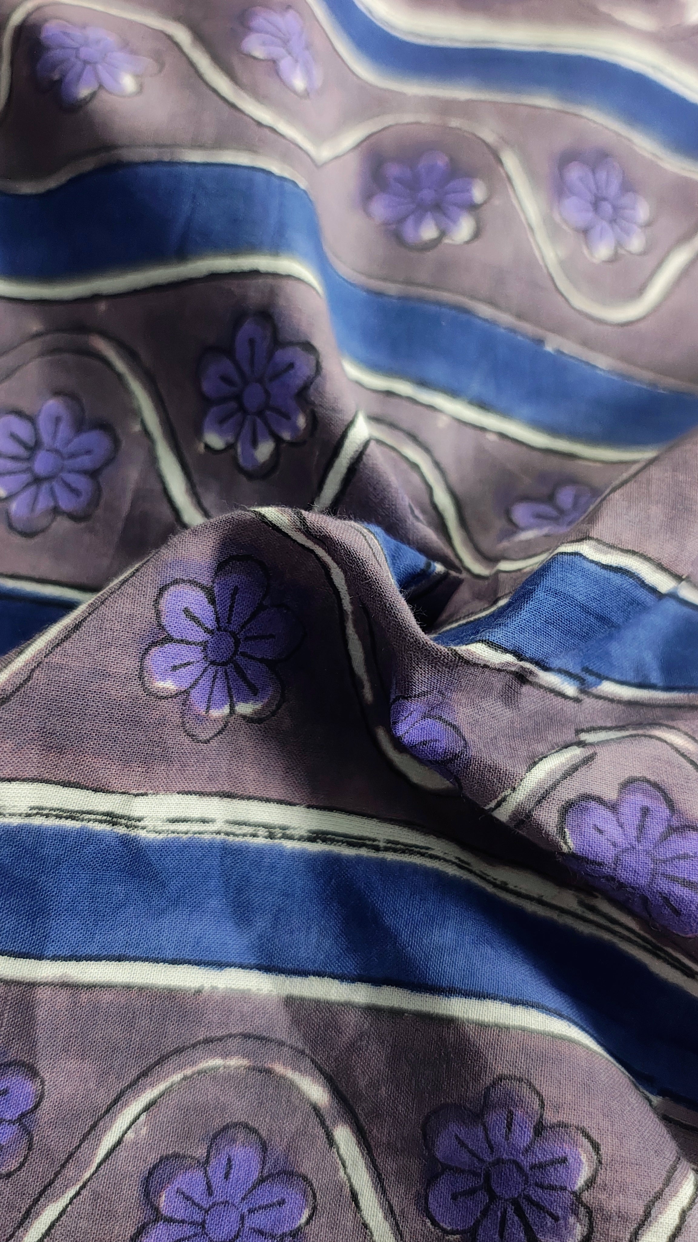 Handmade Bagru Print Textile –  Purple And Grey Floral Print Cotton Material