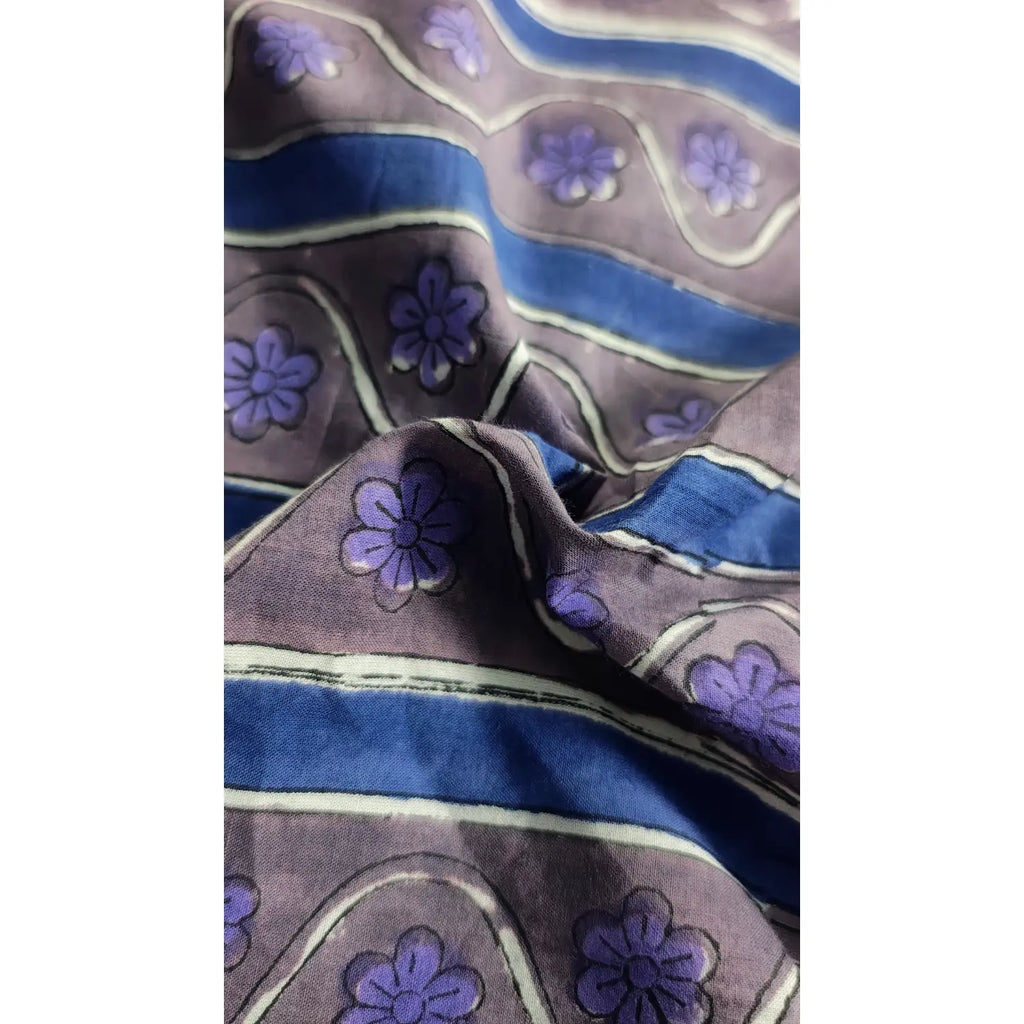 Handmade Bagru Print Textile –  Purple And Grey Floral Print Cotton Material