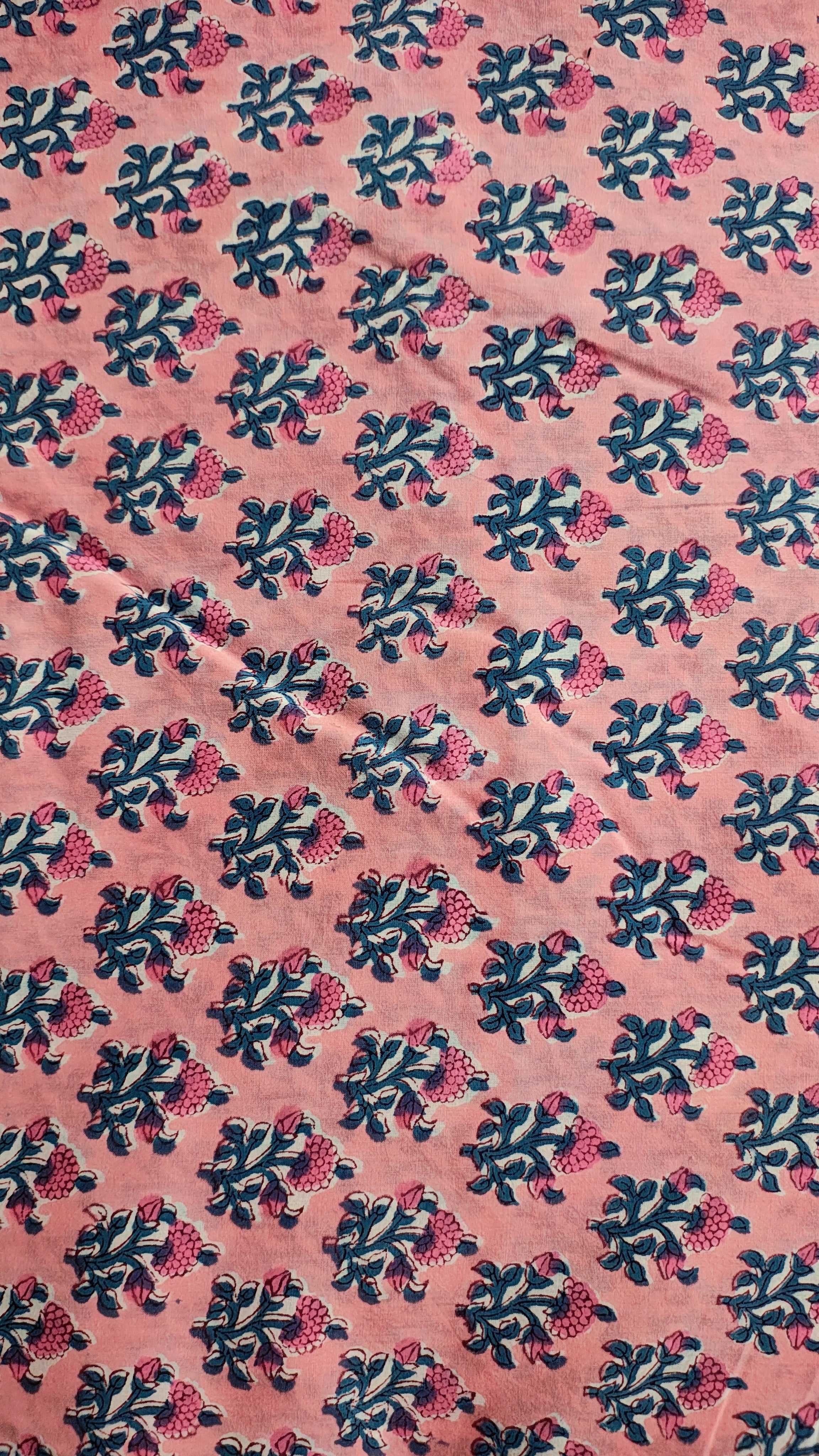 Handmade Bagru Print Textile –  Peach color  Floral Print Cotton Material