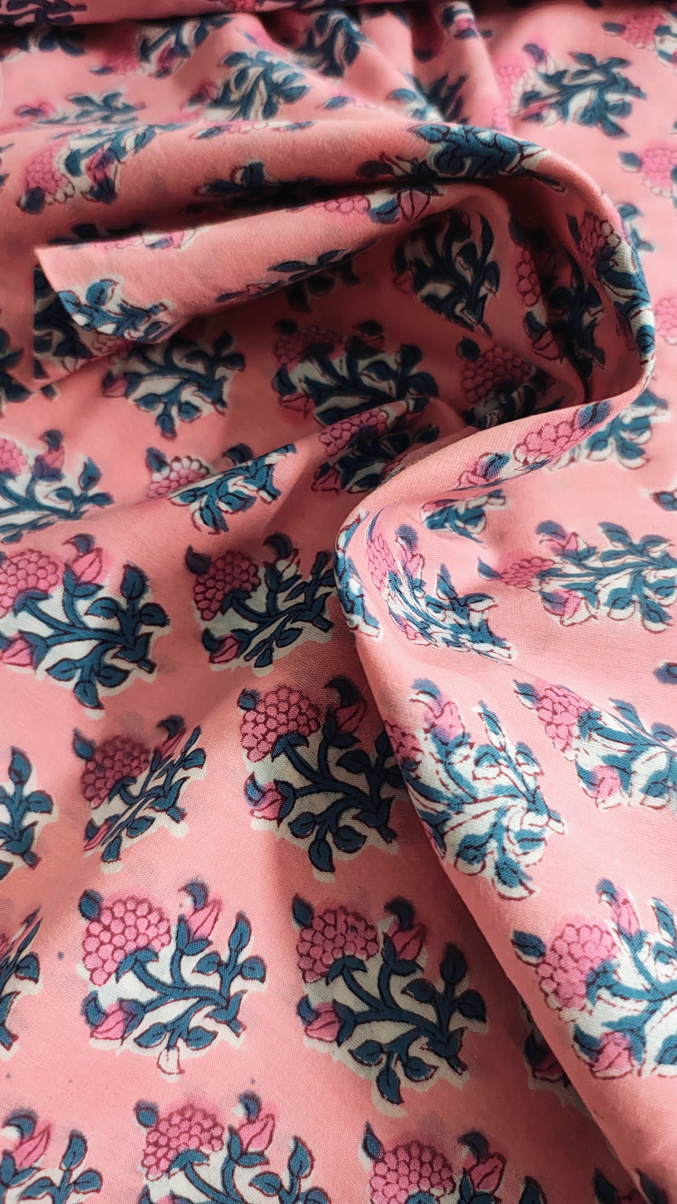 Handmade Bagru Print Textile –  Peach color  Floral Print Cotton Material