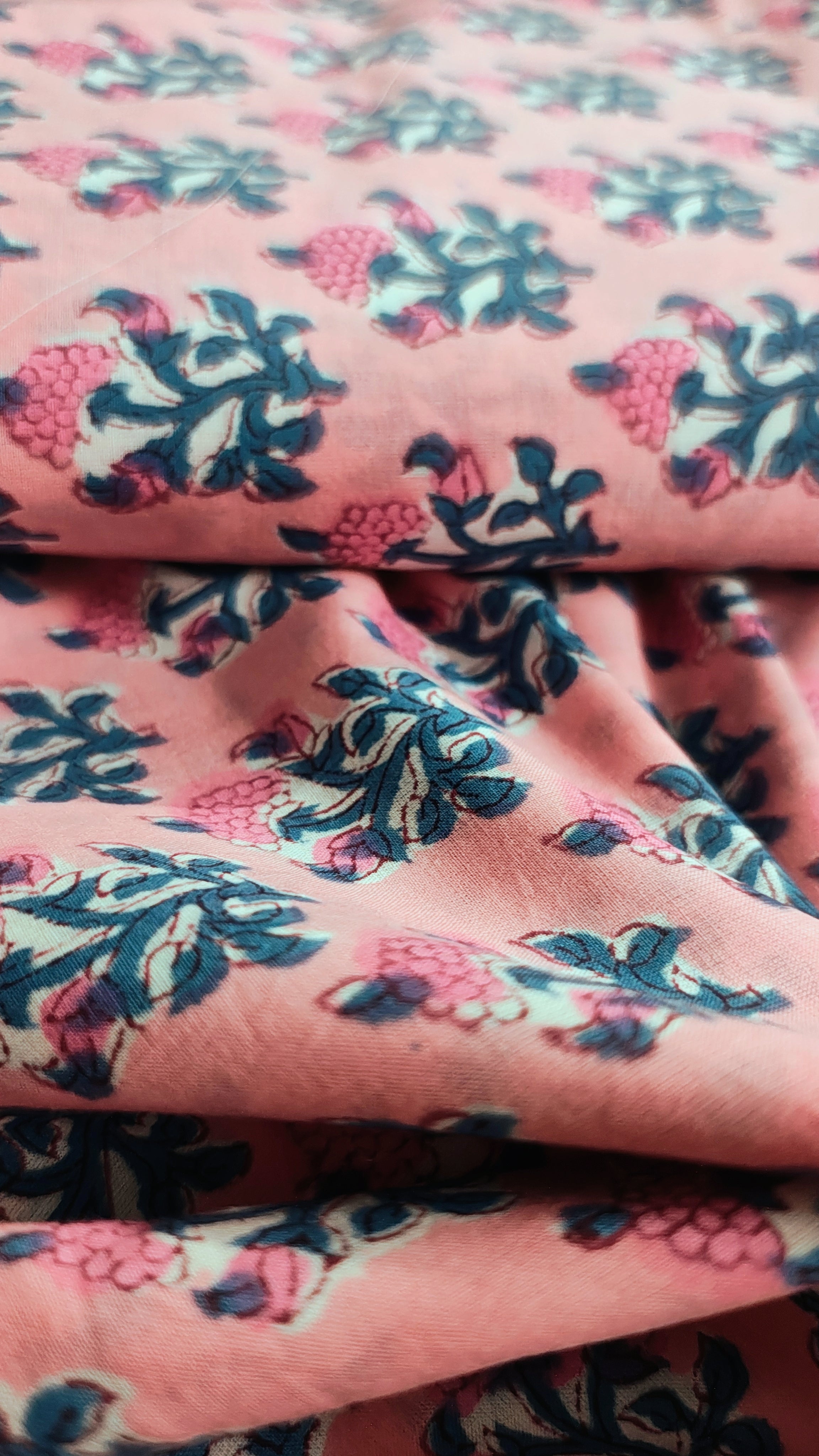 Handmade Bagru Print Textile –  Peach color  Floral Print Cotton Material