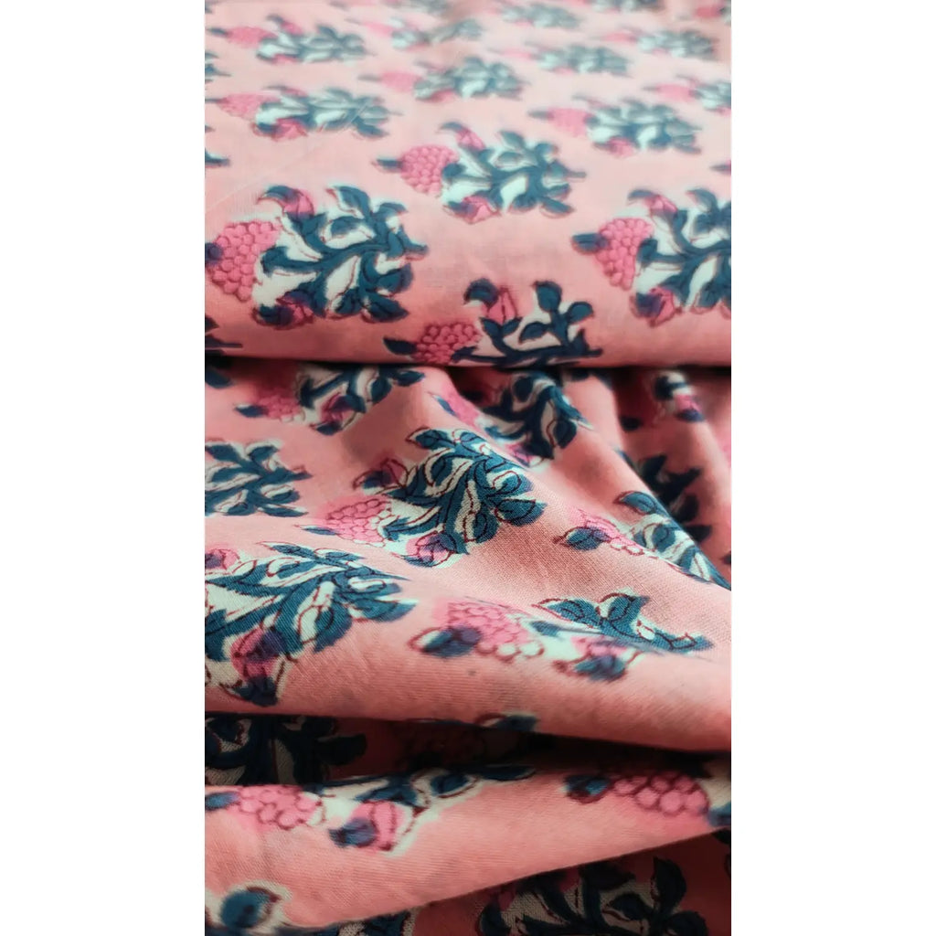 Handmade Bagru Print Textile –  Peach color  Floral Print Cotton Material