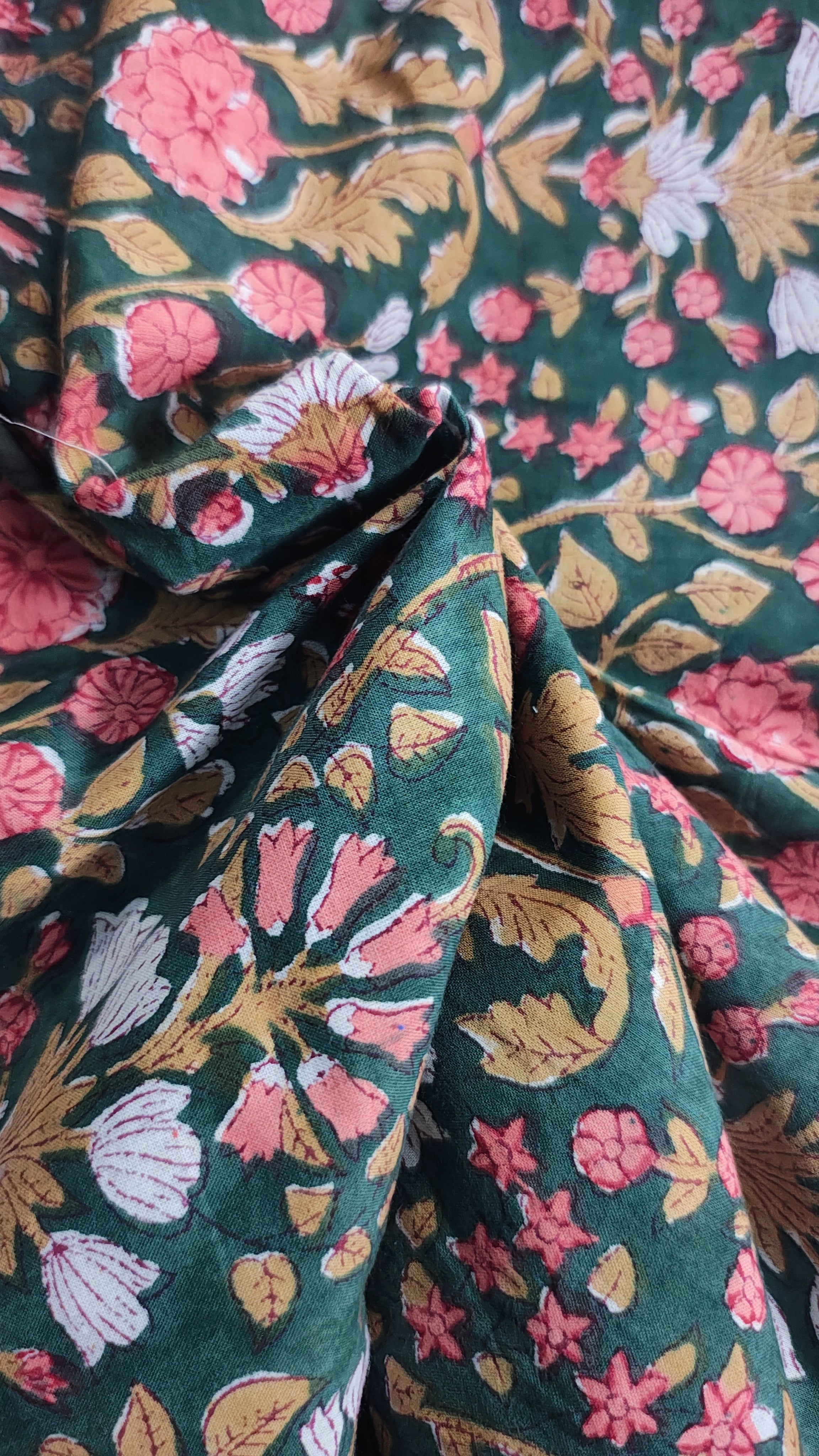 Handmade Bagru Print Textile –  Green color  Floral Print Cotton Material