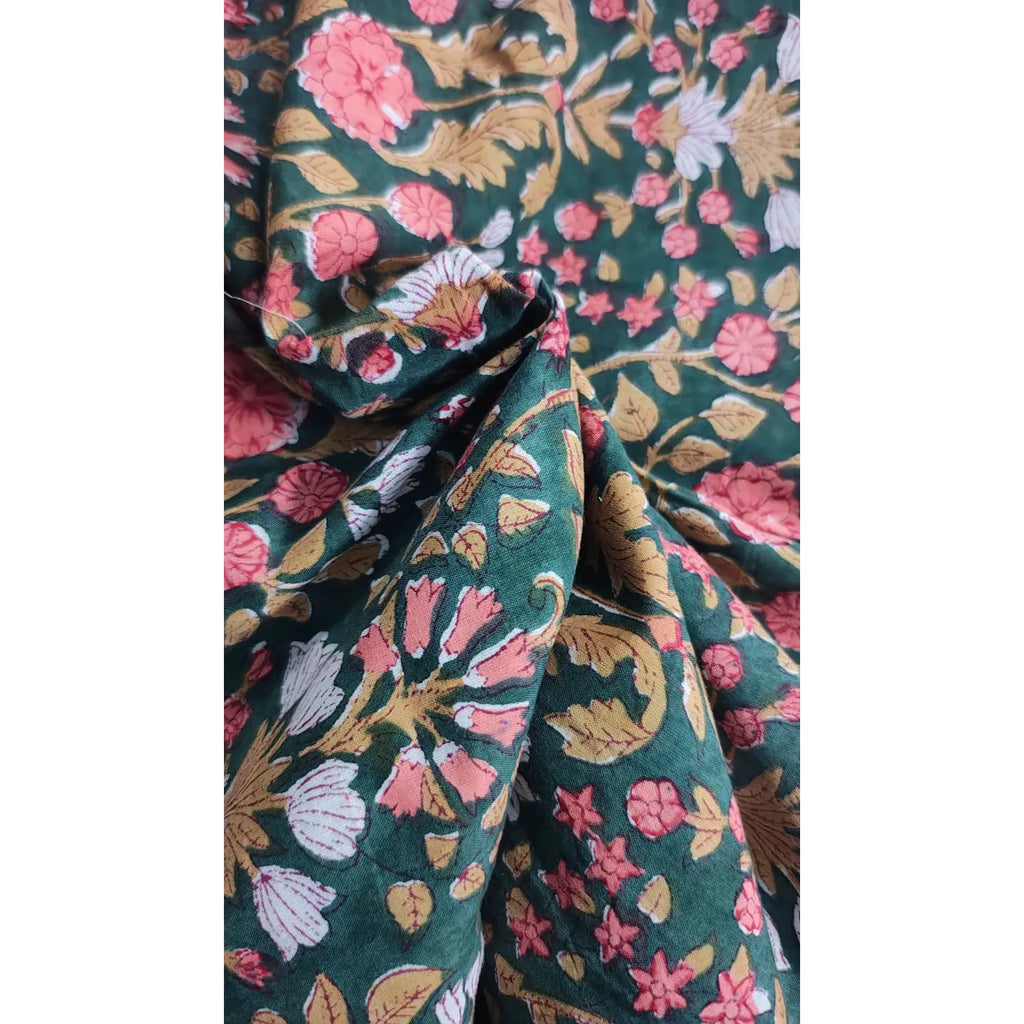 Handmade Bagru Print Textile –  Green color  Floral Print Cotton Material
