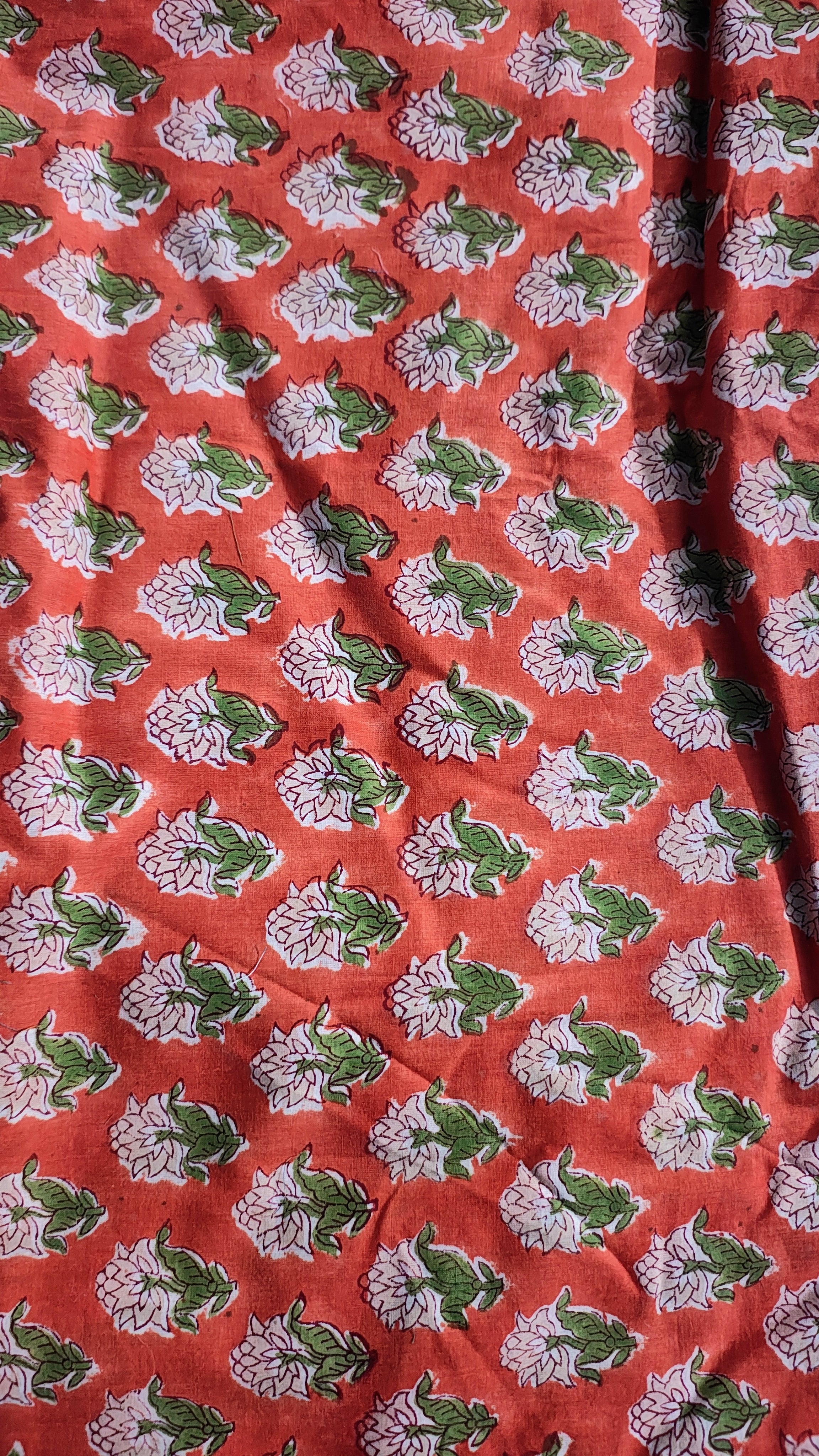 Handmade Bagru Print Textile –  Orange color  Floral Print Cotton Material