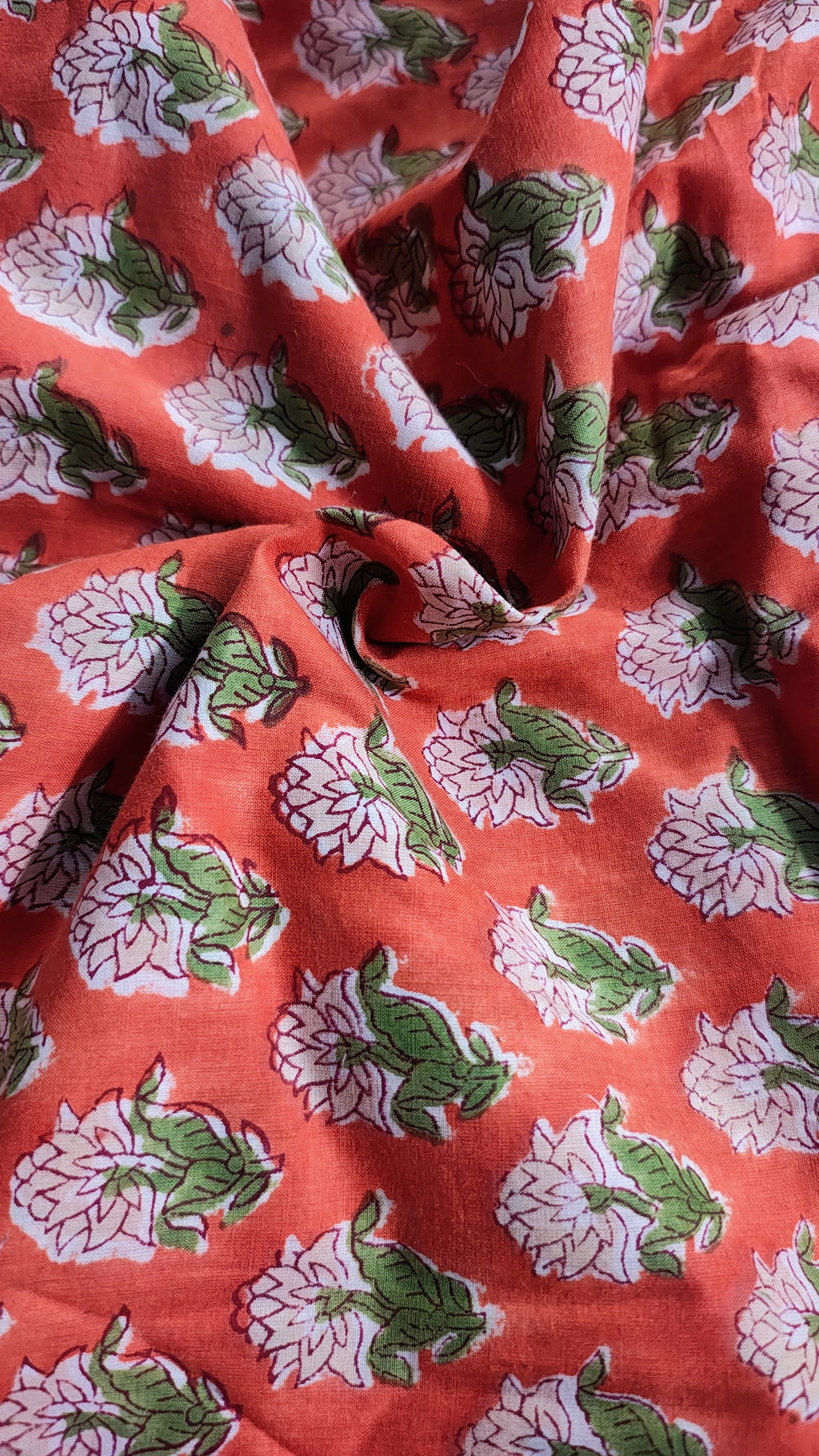 Handmade Bagru Print Textile –  Orange color  Floral Print Cotton Material