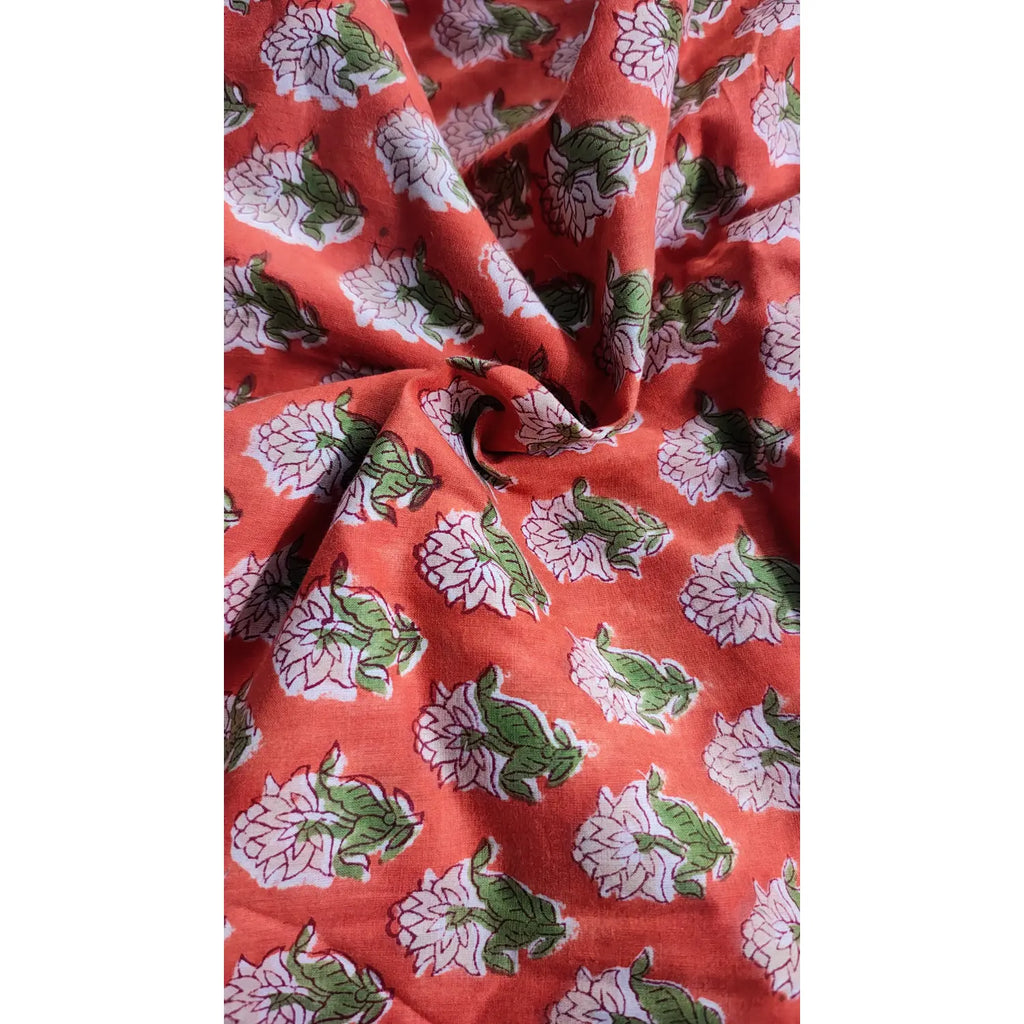 Handmade Bagru Print Textile –  Orange color  Floral Print Cotton Material