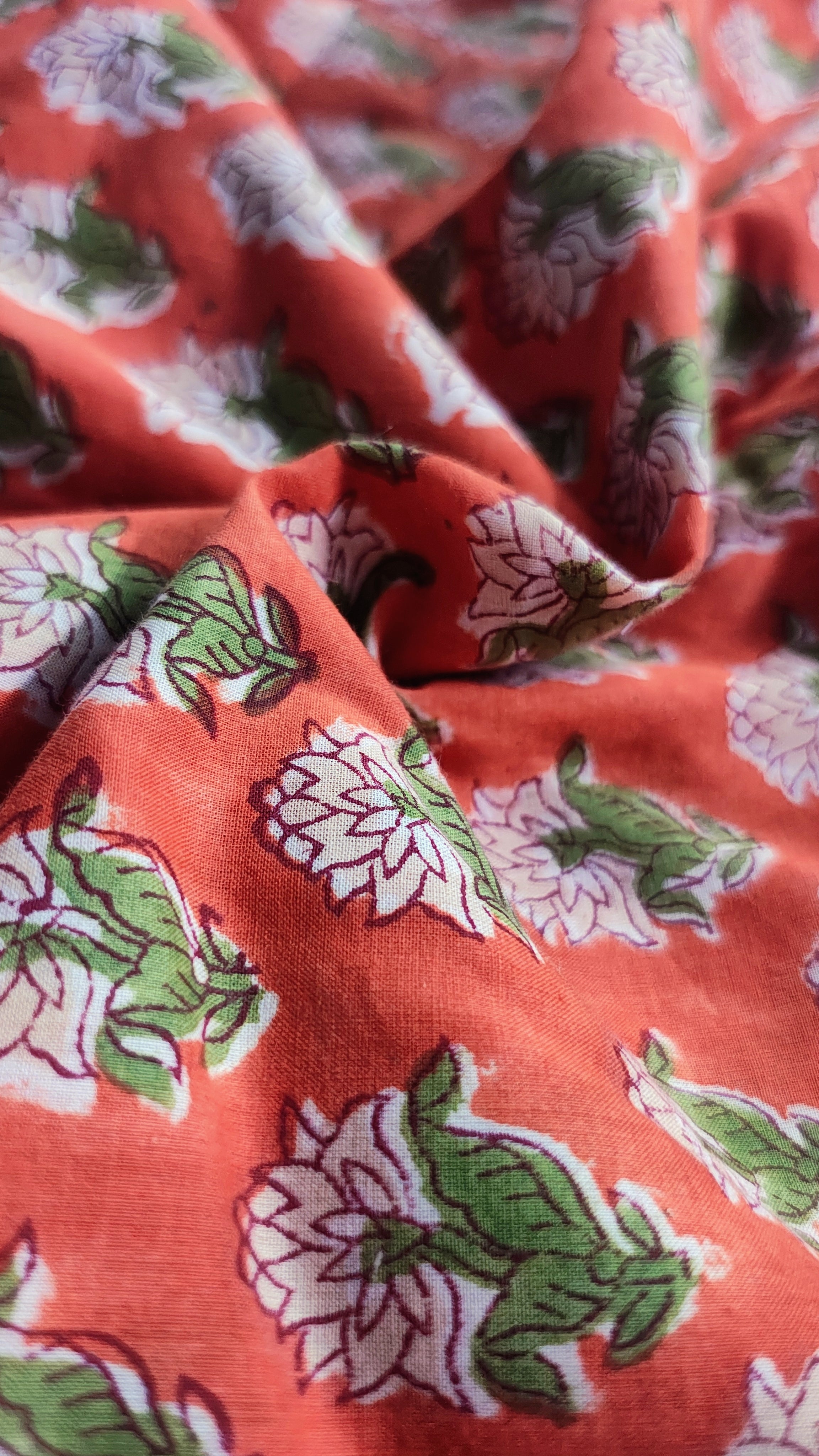 Handmade Bagru Print Textile –  Orange color  Floral Print Cotton Material
