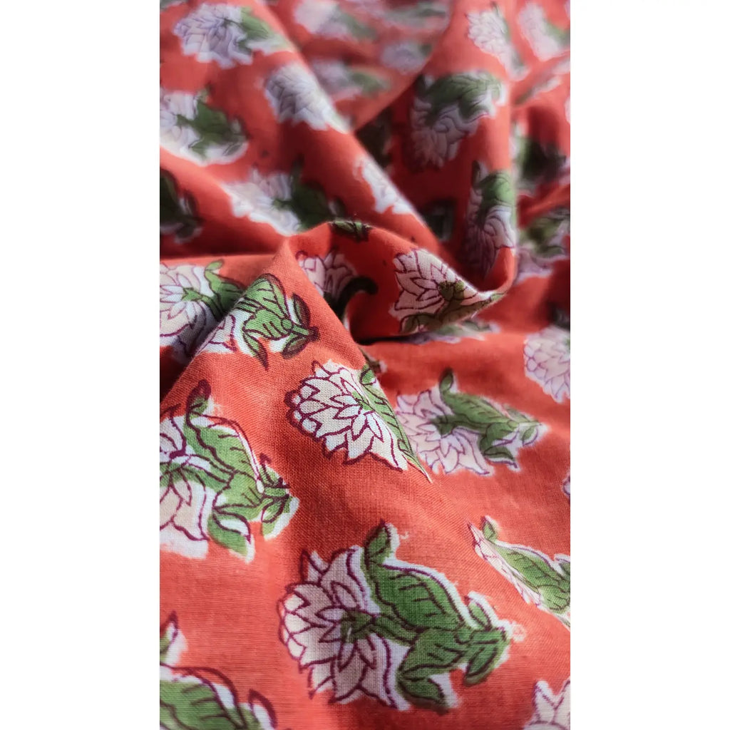 Handmade Bagru Print Textile –  Orange color  Floral Print Cotton Material