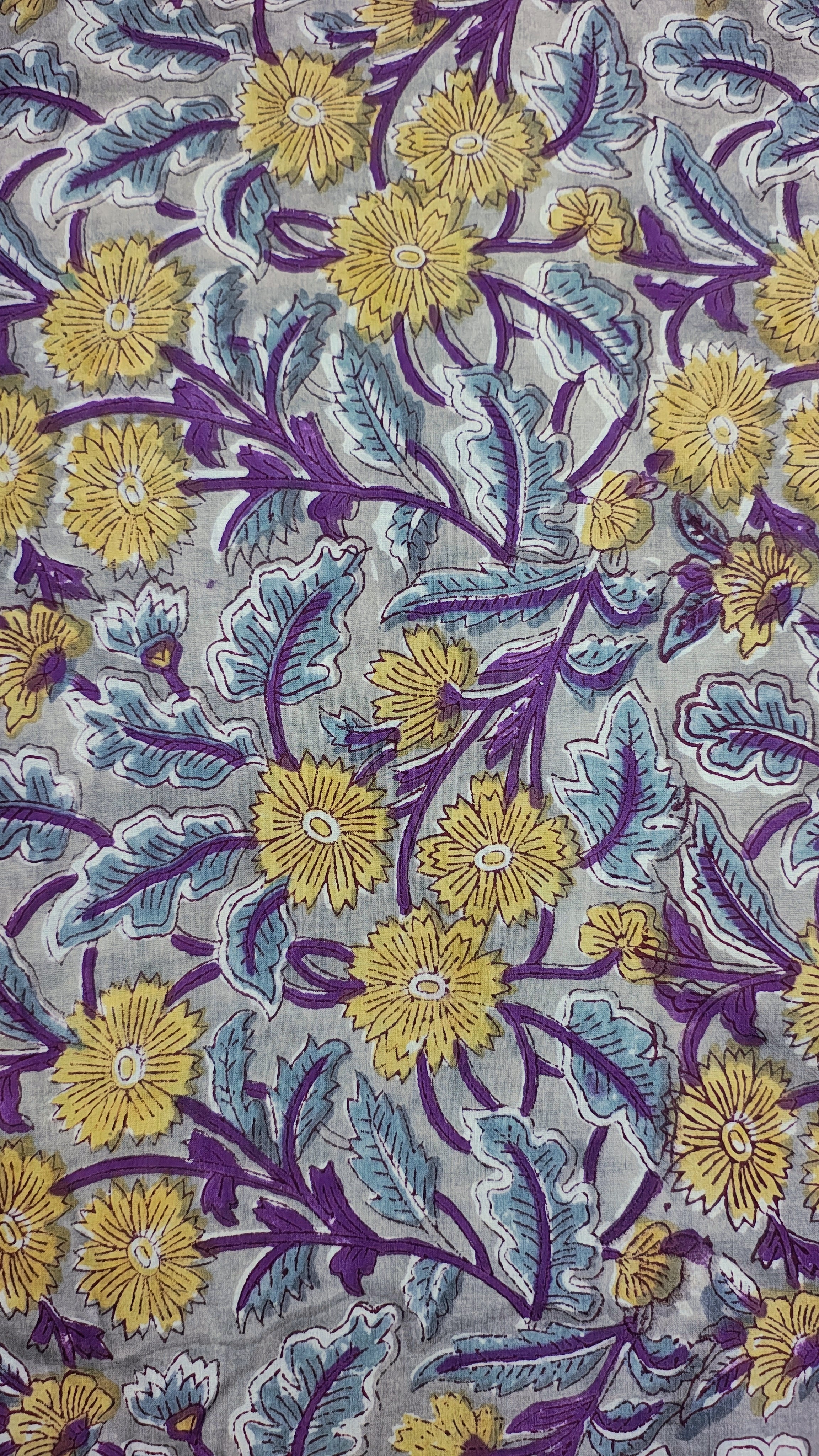 Handmade Bagru Print Textile –  Grey And Purple color  Floral Print Cotton Material