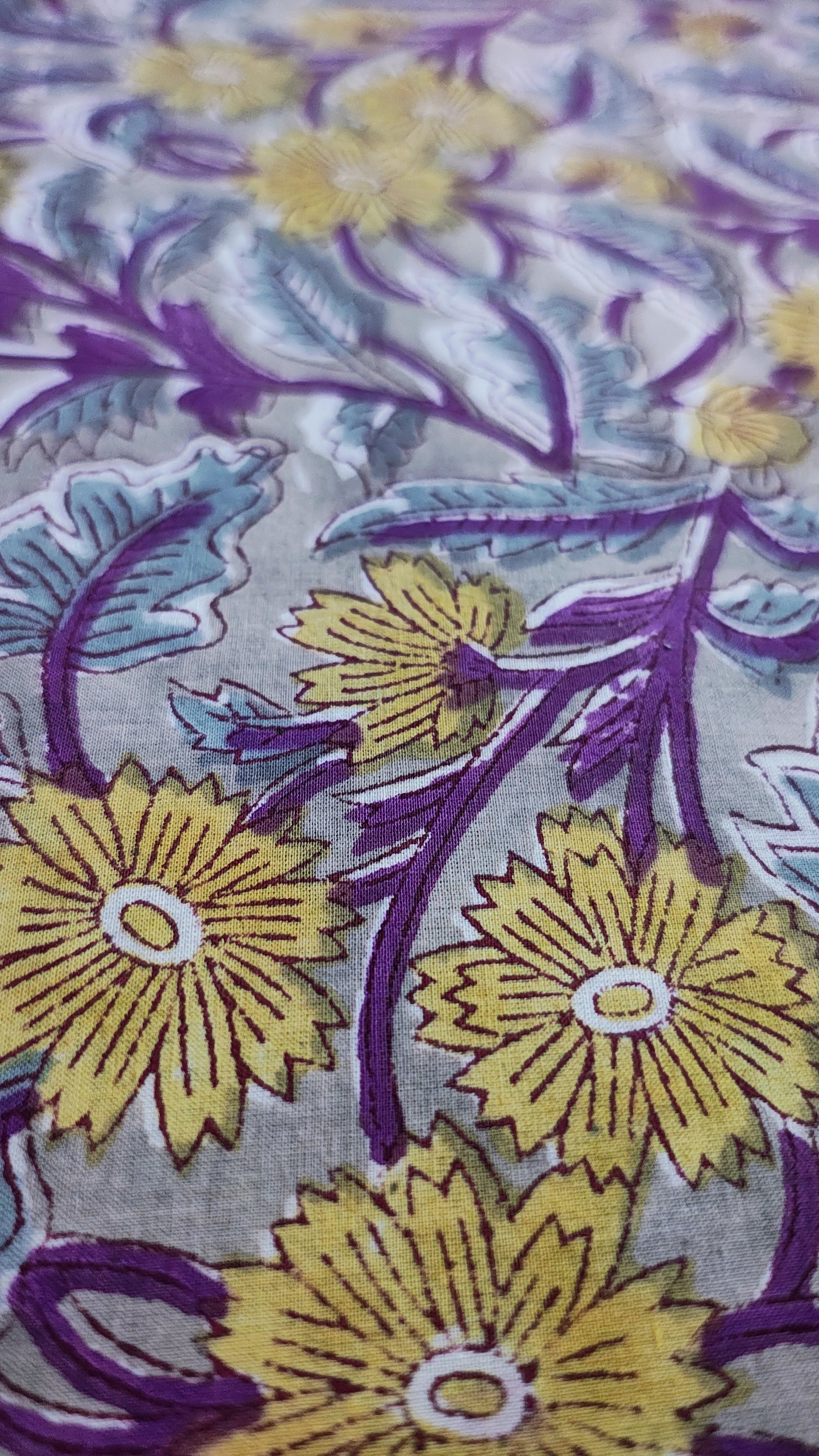 Handmade Bagru Print Textile –  Grey And Purple color  Floral Print Cotton Material