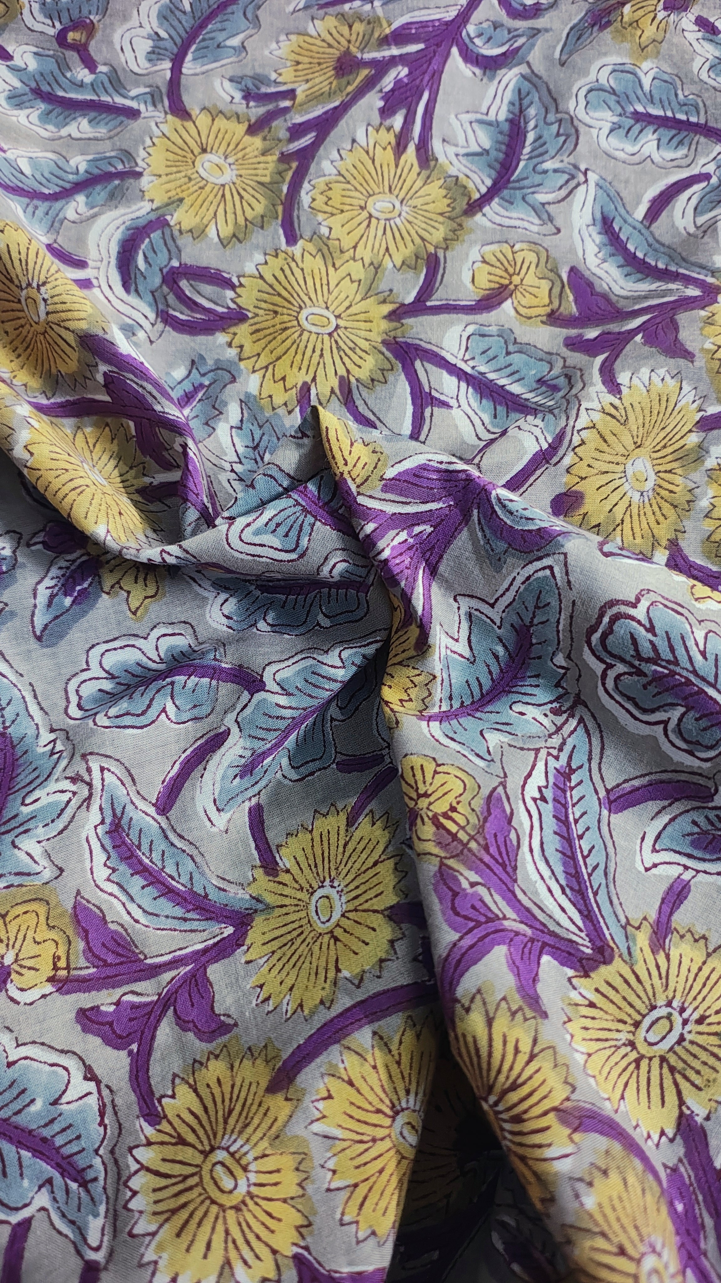 Handmade Bagru Print Textile –  Grey And Purple color  Floral Print Cotton Material