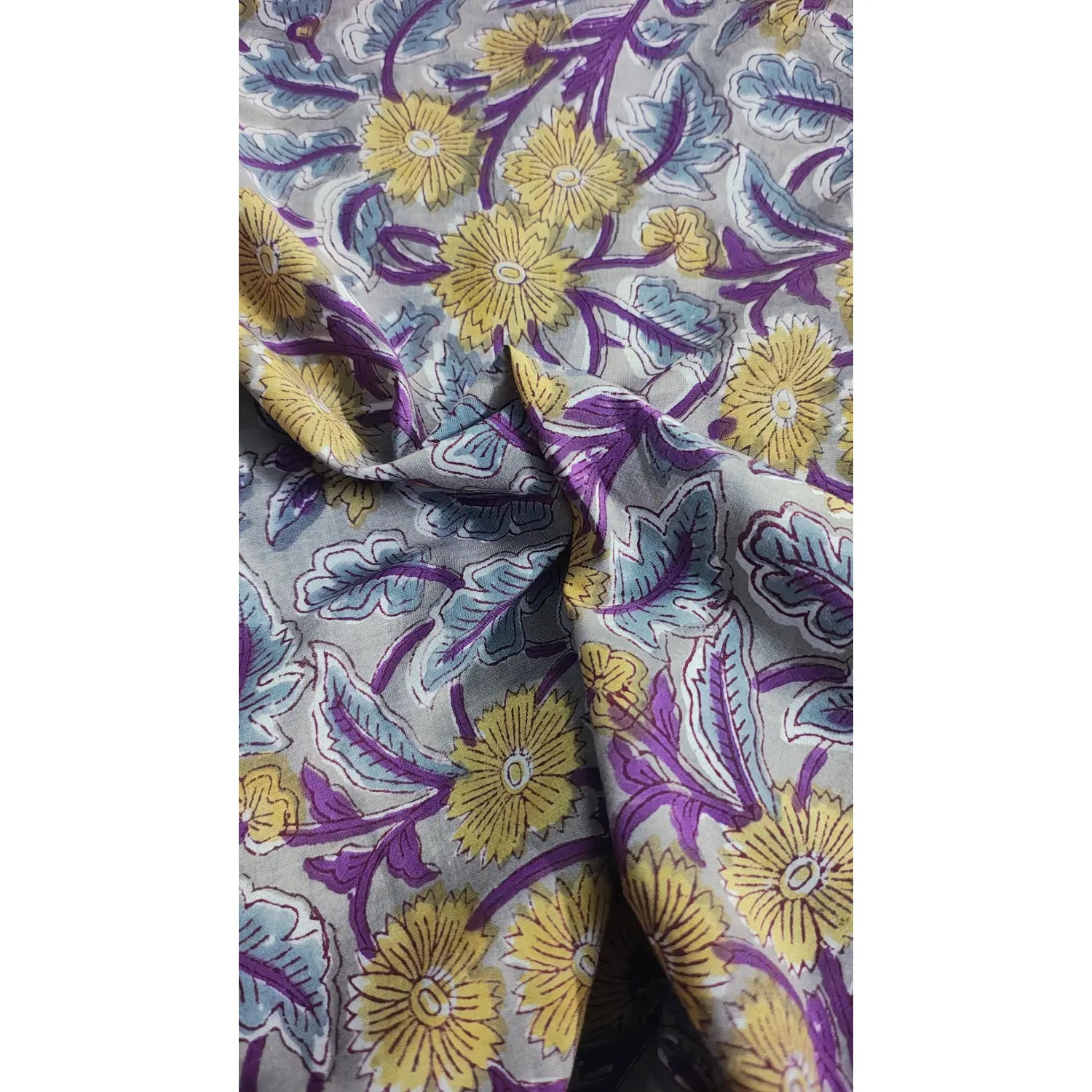 Handmade Bagru Print Textile –  Grey And Purple color  Floral Print Cotton Material