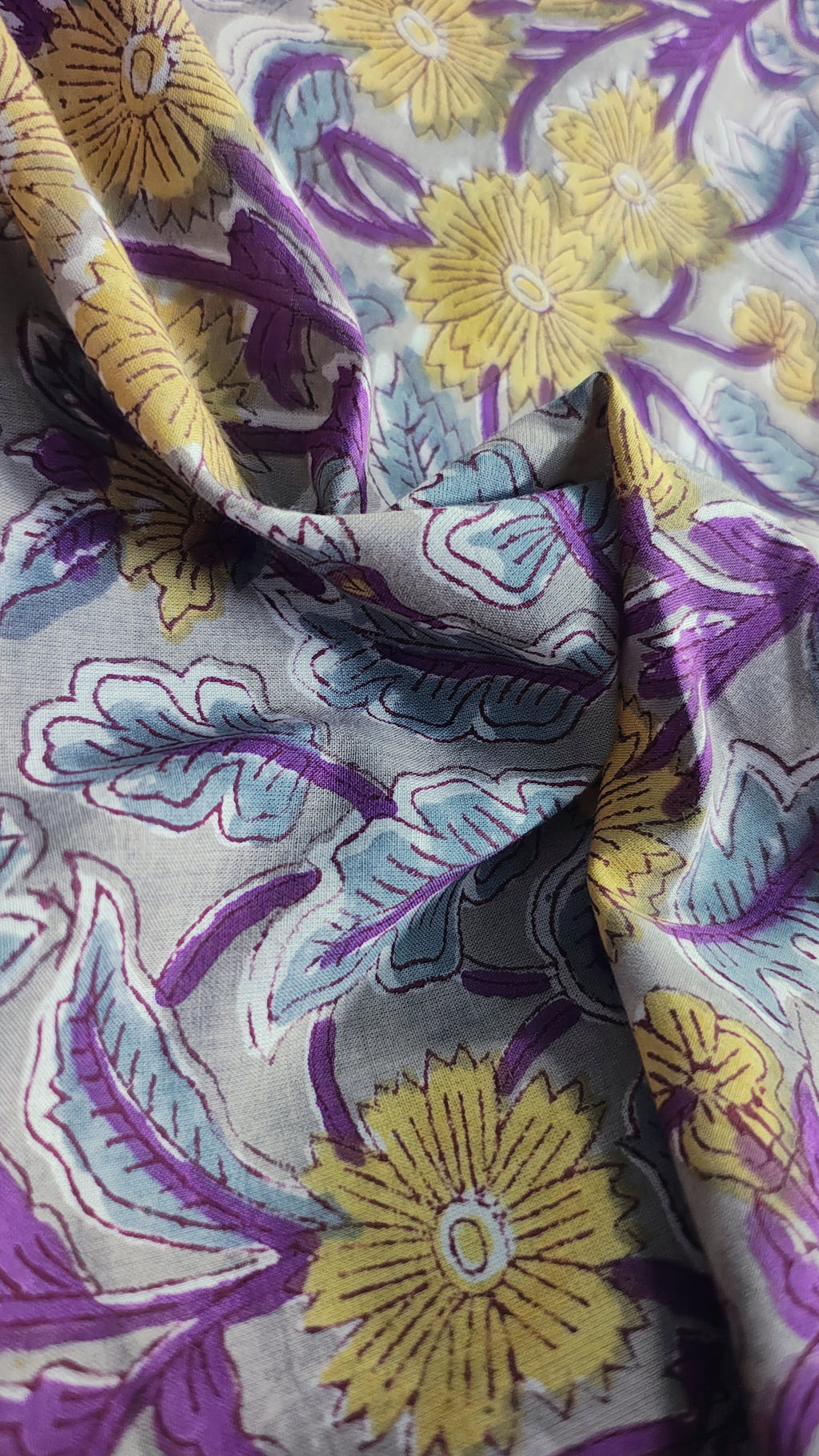 Handmade Bagru Print Textile –  Grey And Purple color  Floral Print Cotton Material
