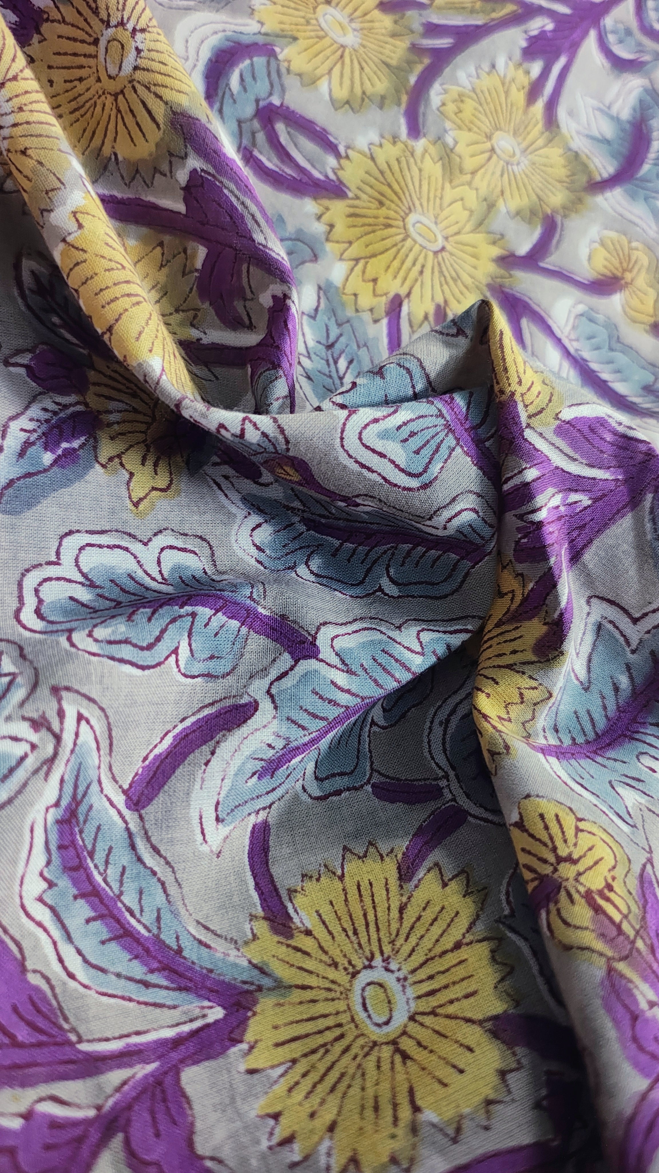 Handmade Bagru Print Textile –  Grey And Purple color  Floral Print Cotton Material