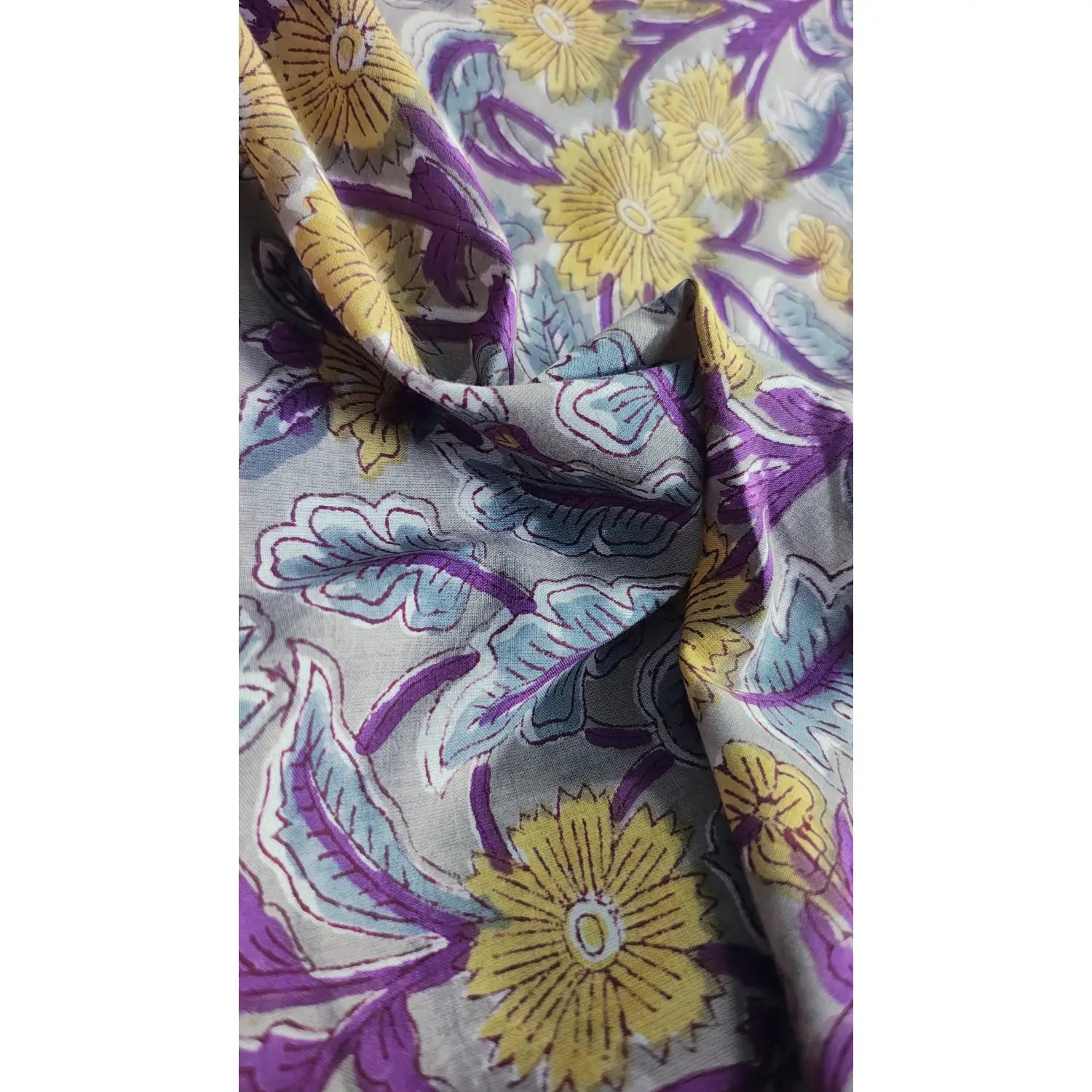 Handmade Bagru Print Textile –  Grey And Purple color  Floral Print Cotton Material
