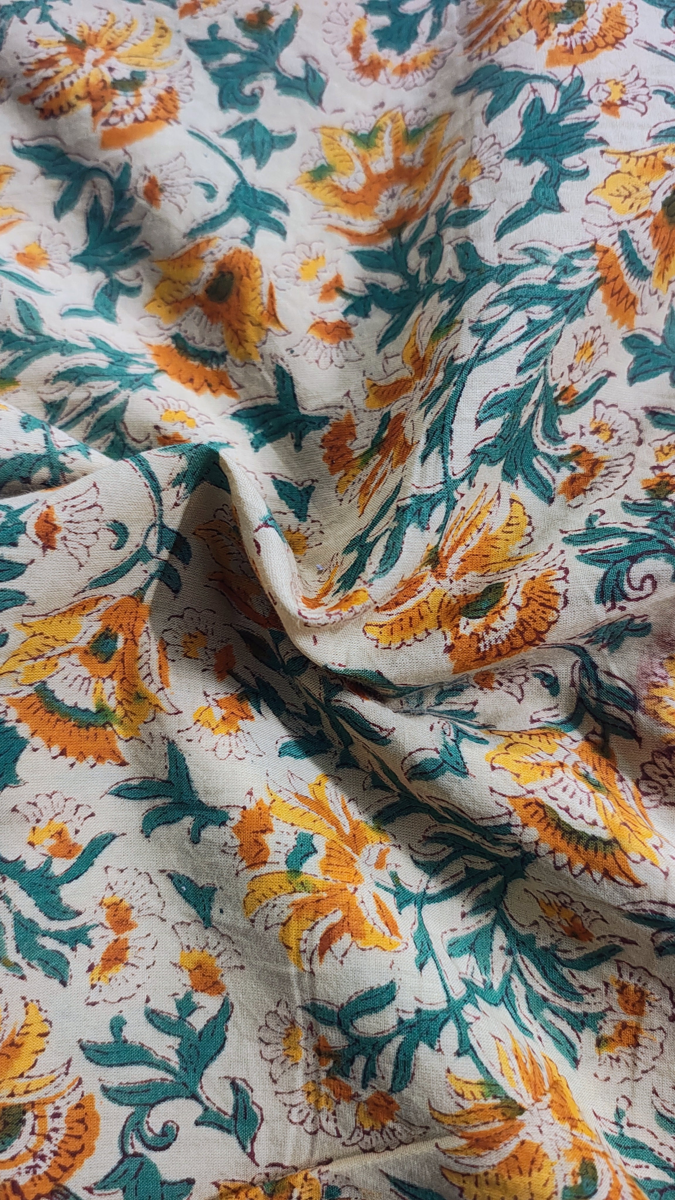 Handmade Bagru Print Textile –  Beige And Yellow color Floral Print Cotton Material