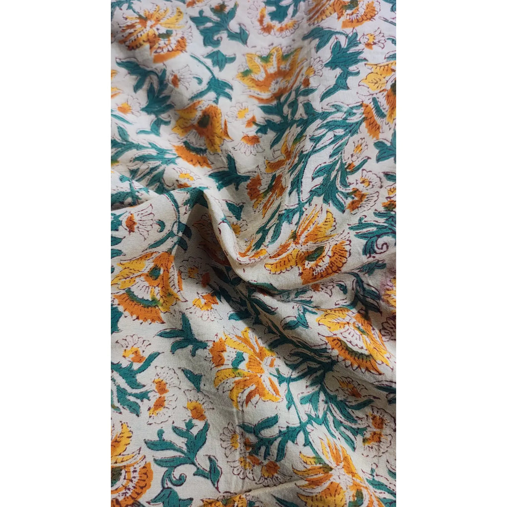 Handmade Bagru Print Textile –  Beige And Yellow color Floral Print Cotton Material