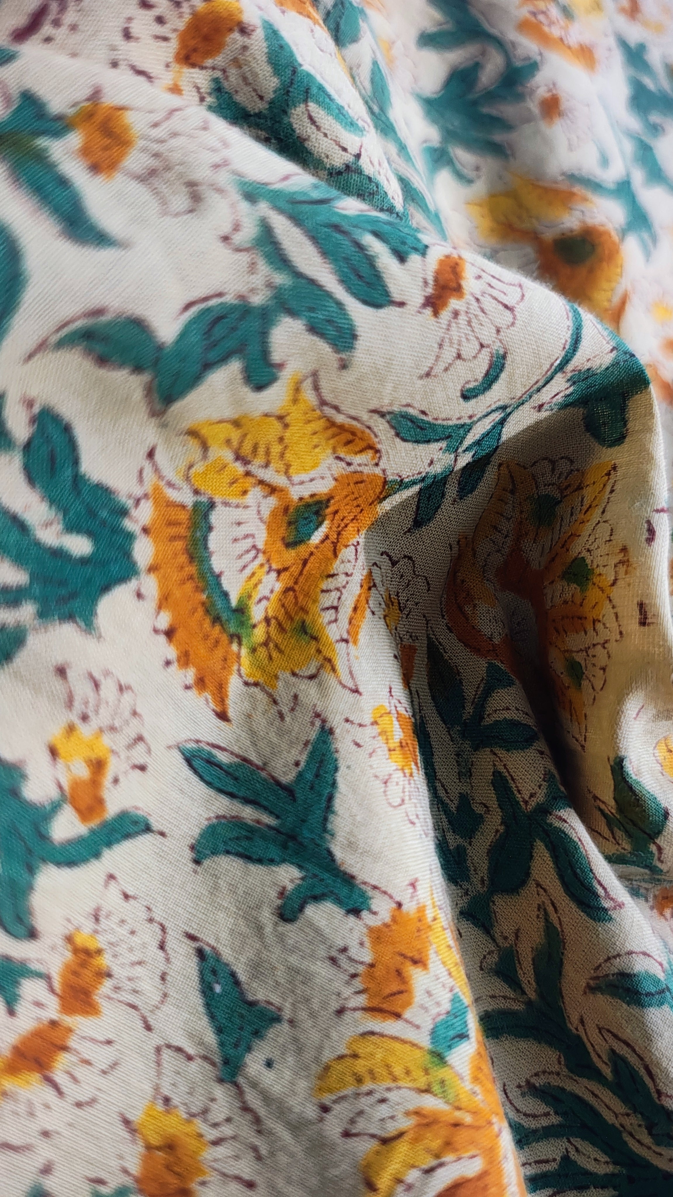 Handmade Bagru Print Textile –  Beige And Yellow color Floral Print Cotton Material