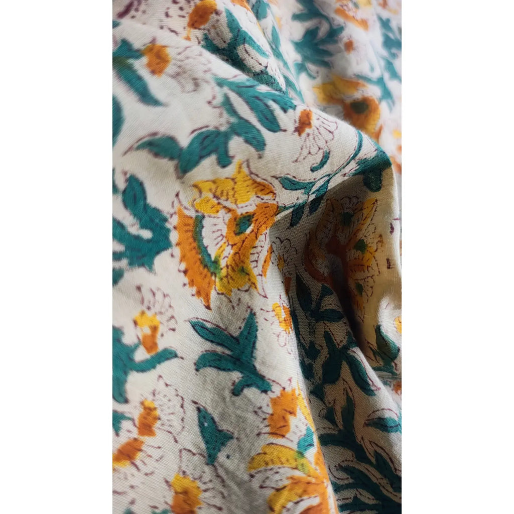 Handmade Bagru Print Textile –  Beige And Yellow color Floral Print Cotton Material