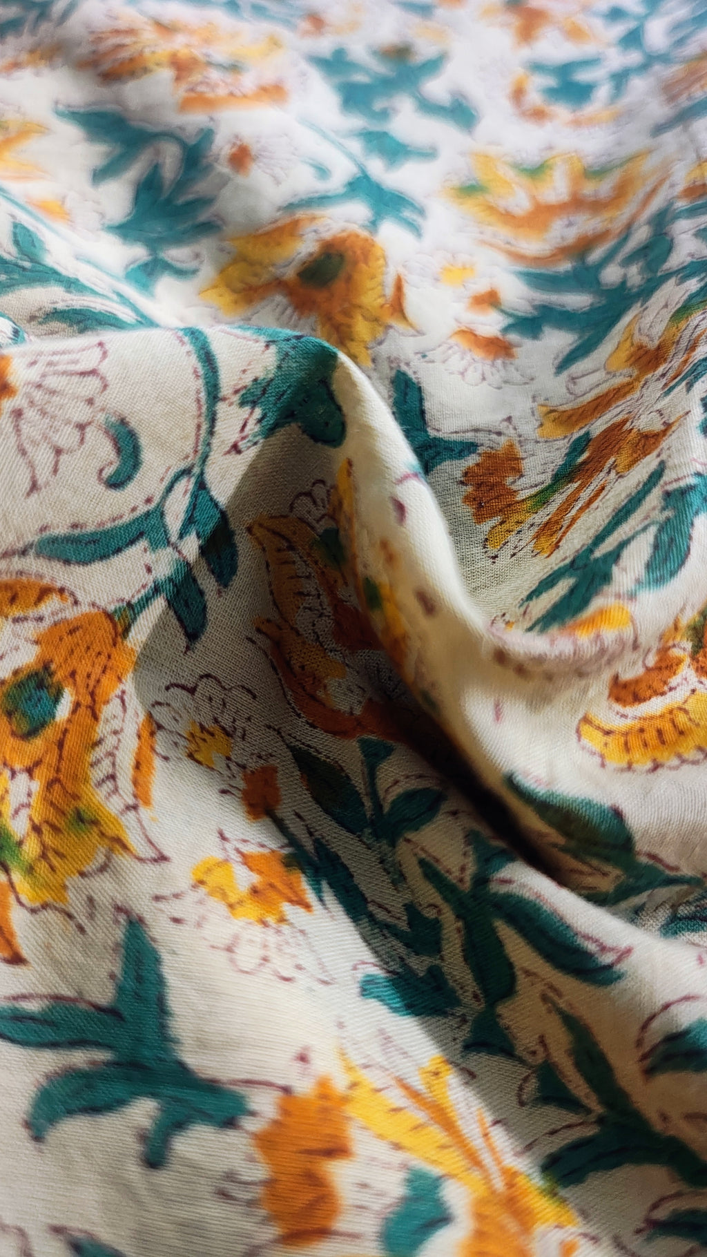 Handmade Bagru Print Textile –  Beige And Yellow color Floral Print Cotton Material