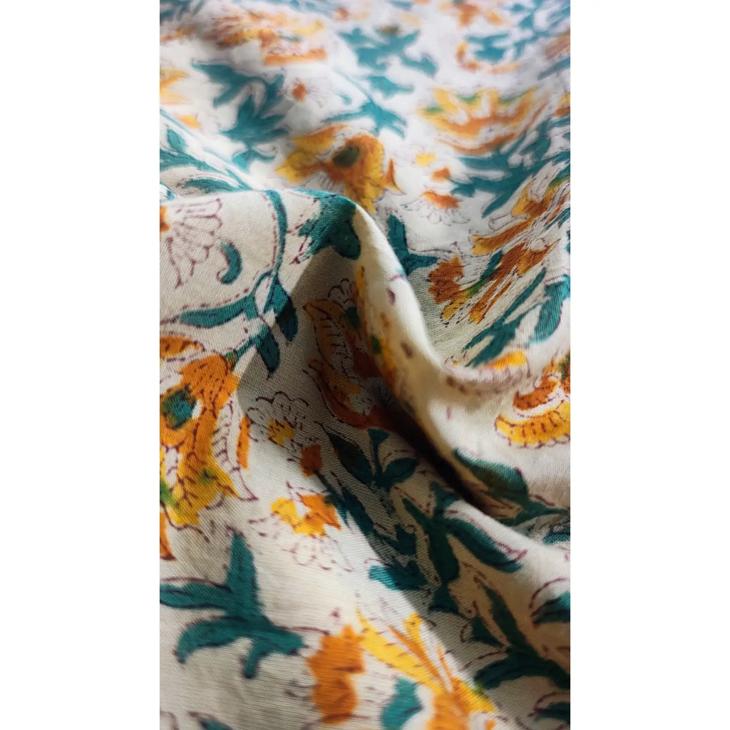 Handmade Bagru Print Textile –  Beige And Yellow color Floral Print Cotton Material